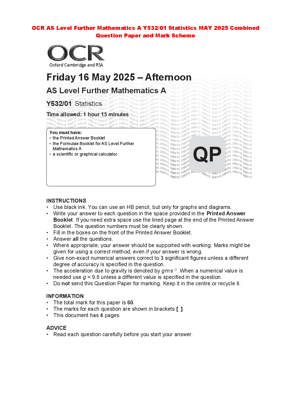 Recommended document preview for OCR AS Level Further Mathematics A Y532/01 Statistics MAY 2025 Combined Question Paper and Mark Scheme