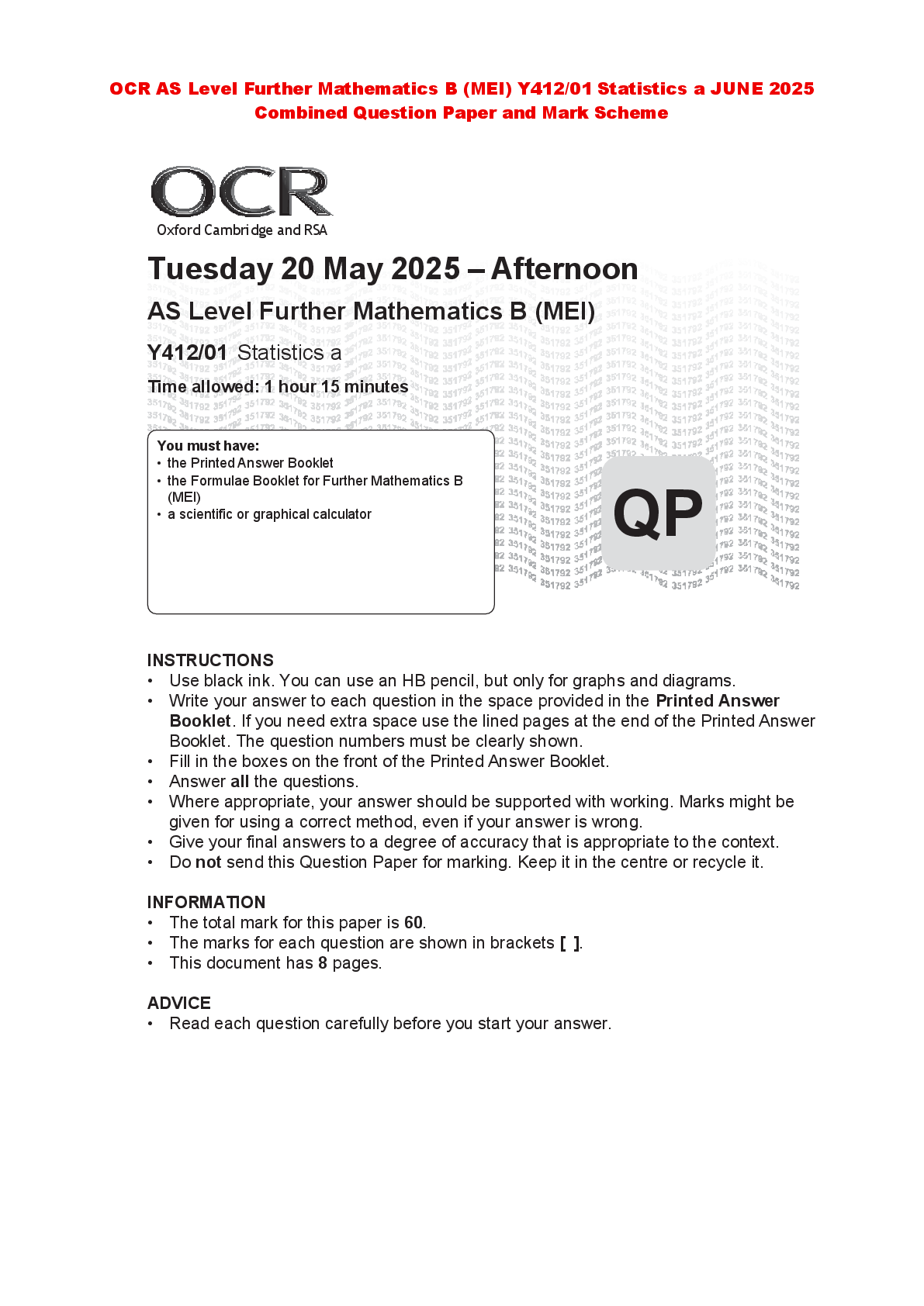 Preview of OCR AS Level Further Mathematics B (MEI) Y412/01 Statistics a JUNE 2025 Combined Question