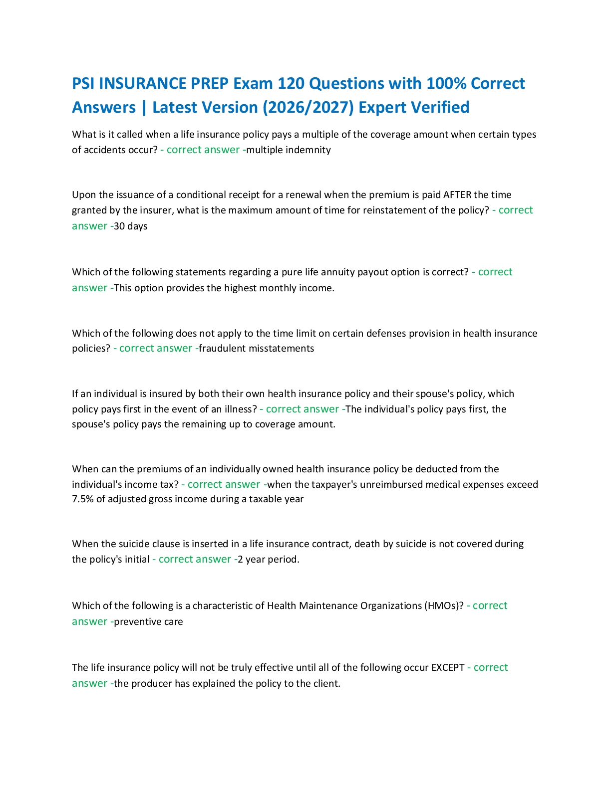 Recommended document preview for PSI INSURANCE PREP Exam 120 Questions with 100% Correct  Answers | Latest Version (2026/2027) Expert Verified