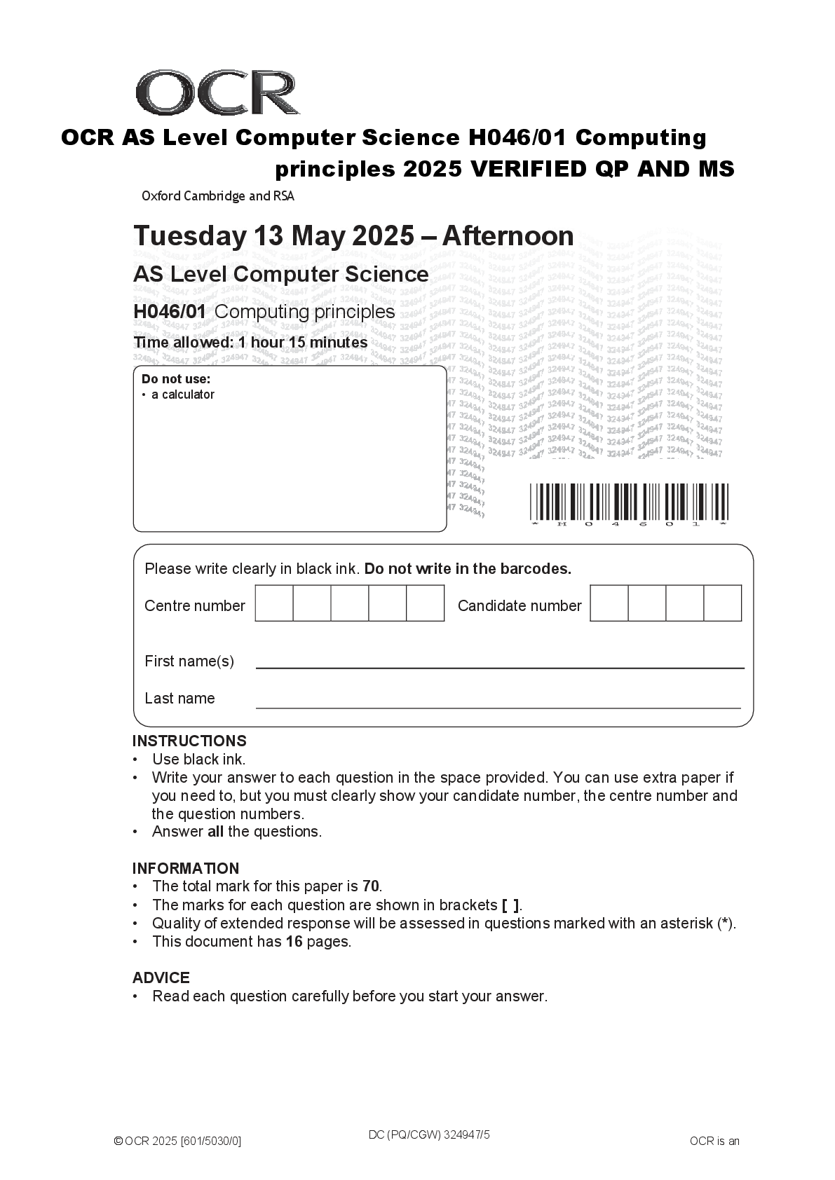 Preview of OCR AS Level Computer Science H046/01 Computing  principles 2025 VERIFIED QP AND MS