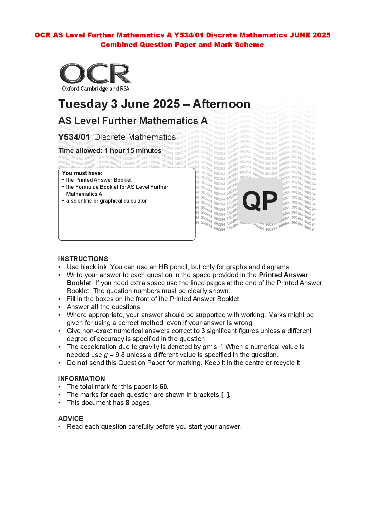 Preview of OCR AS Level Further Mathematics A Y534/01 Discrete Mathematics JUNE 2025 Combined Questio
