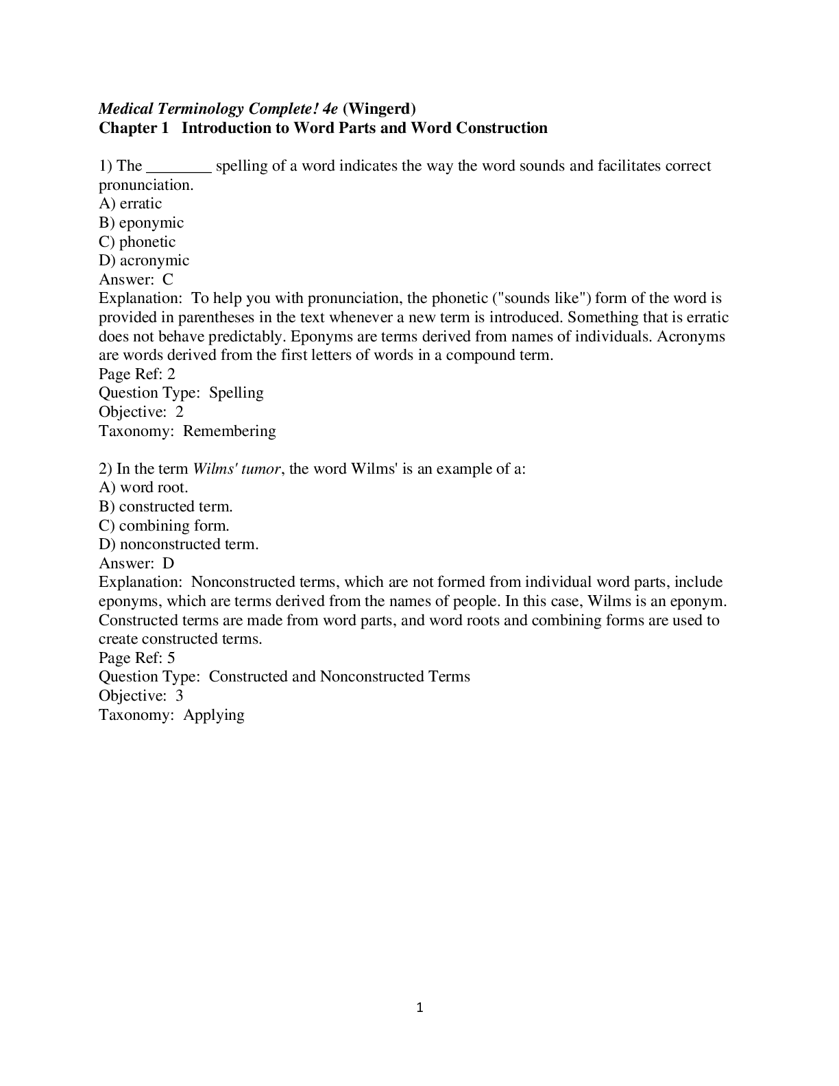 Preview of Medical Terminology Complete! 4th Edition By Bruce Wingerd Test Bank