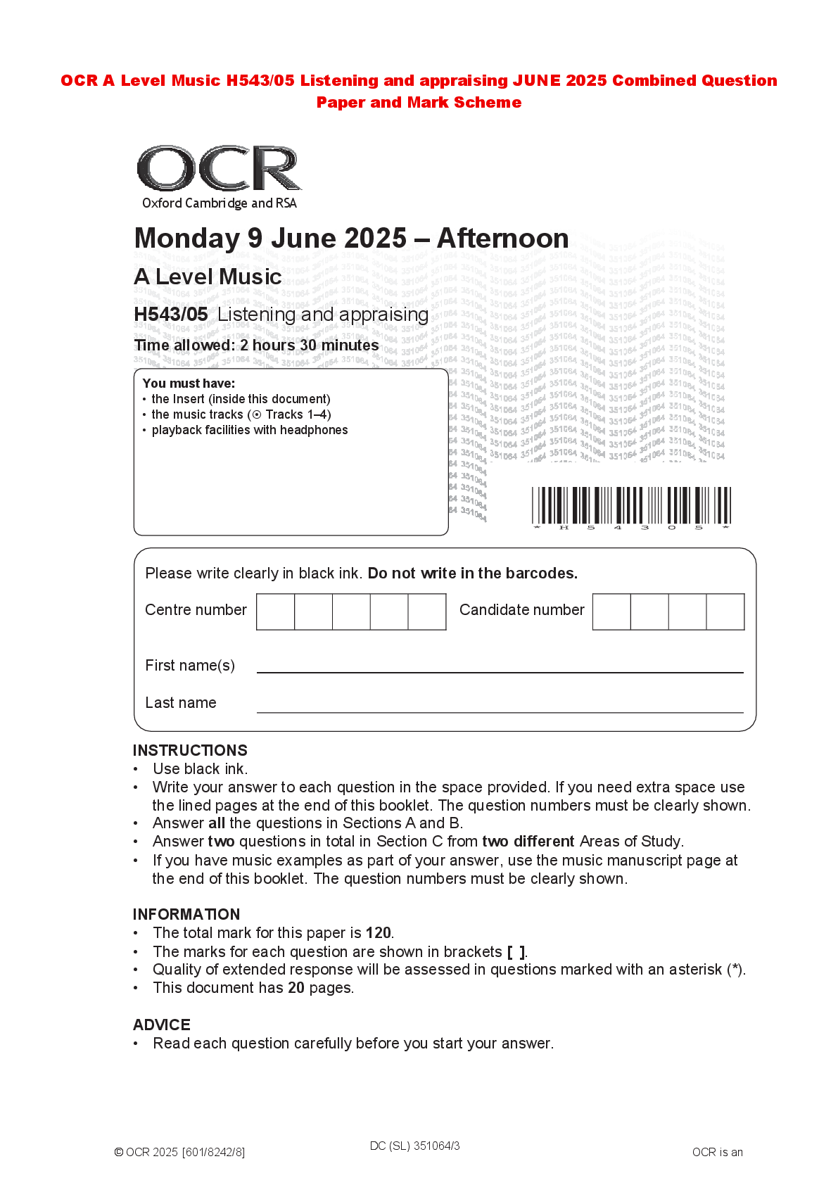 Recommended document preview for OCR A Level Music H543/05 Listening and appraising JUNE 2025 Combined Question Paper and Mark Scheme