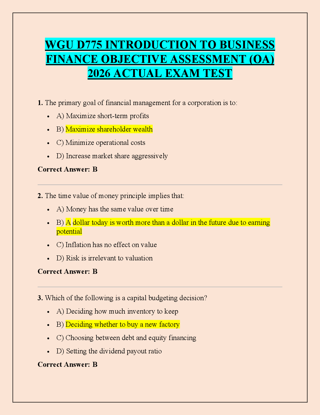 Recommended document preview for WGU D775 INTRODUCTION TO BUSINESS FINANCE OBJECTIVE ASSESSMENT (OA) 2026 ACTUAL EXAM TEST