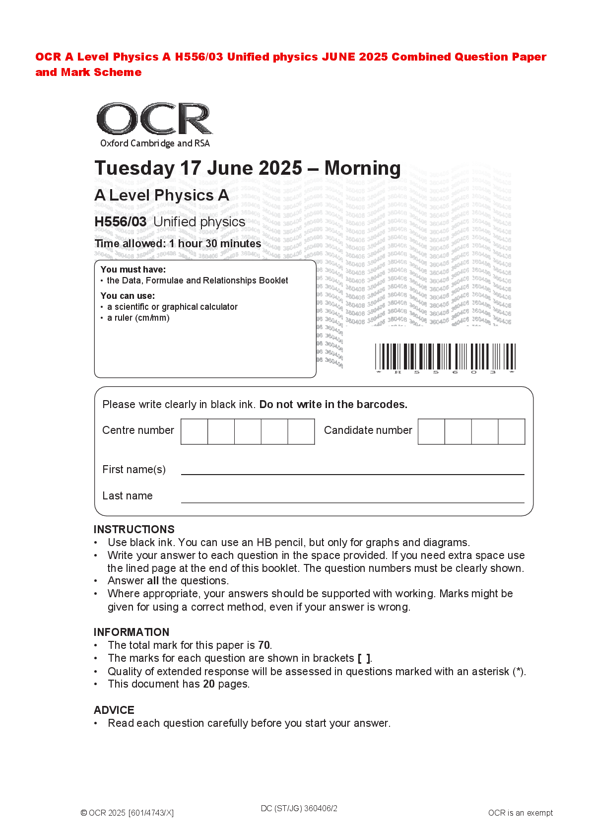 Recommended document preview for OCR A Level Physics A H556/03 Unified physics JUNE 2025 Combined Question Paper and Mark Scheme