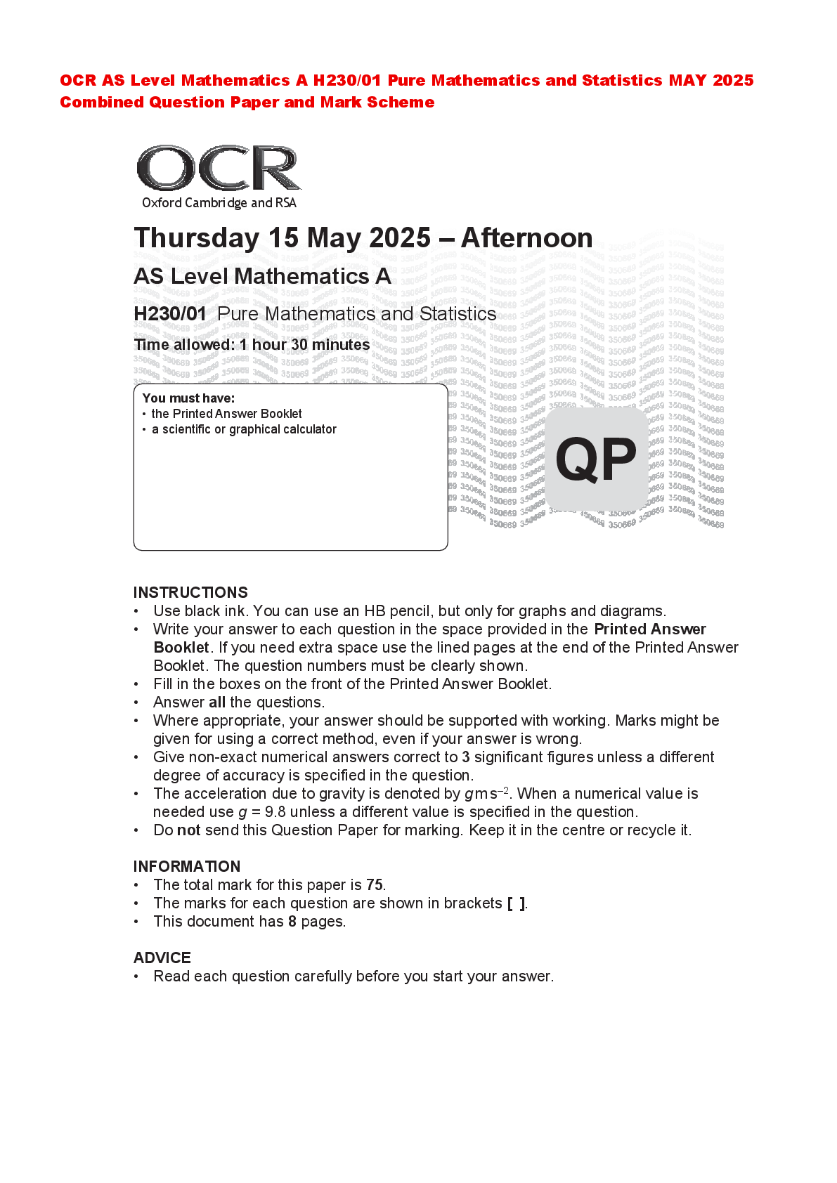 Recommended document preview for OCR AS Level Mathematics A H230/01 Pure Mathematics and Statistics MAY 2025 Combined Question Paper and Mark Scheme