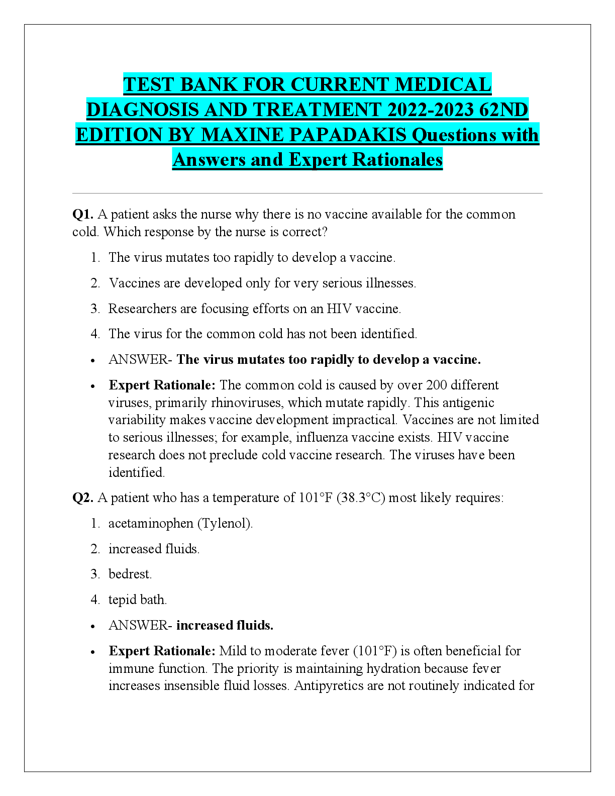 Preview of TEST BANK FOR CURRENT MEDICAL  DIAGNOSIS AND TREATMENT 2022-2023 62ND  EDITION BY MAXINE PAPADAKIS Questions with  Answers and Expert Rationales