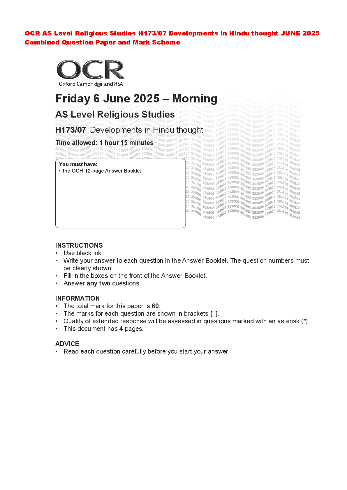 Recommended document preview for OCR AS Level Religious Studies H173/07 Developments in Hindu thought JUNE 2025 Combined Question Paper and Mark Scheme