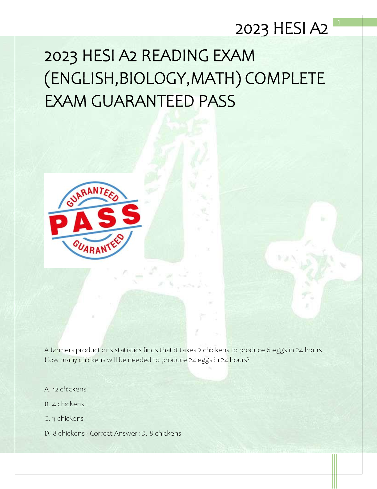 Preview of 2023 HESI A2 READING EXAM  (ENGLISH,BIOLOGY,MATH) COMPLETE  EXAM GUARANTEED PASS