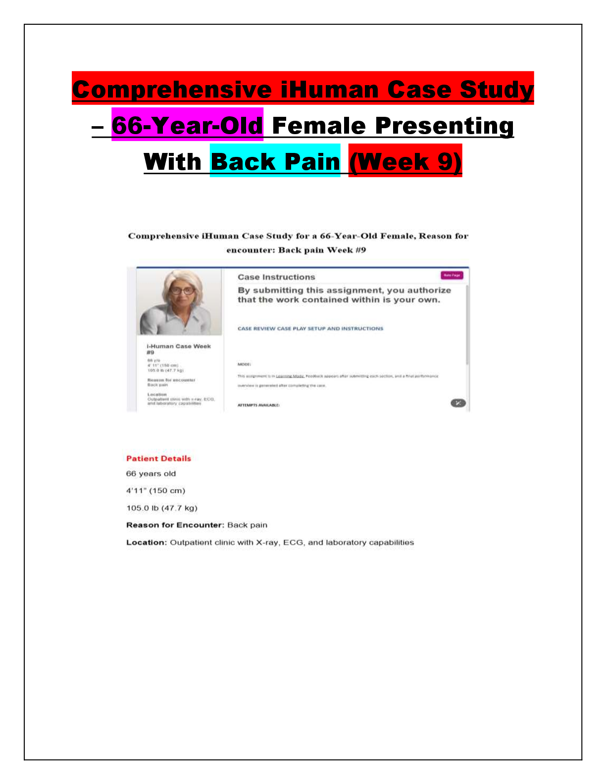 Preview of Comprehensive iHuman Case Study – 66-Year-Old Female Presenting  With Back Pain (Week 9)