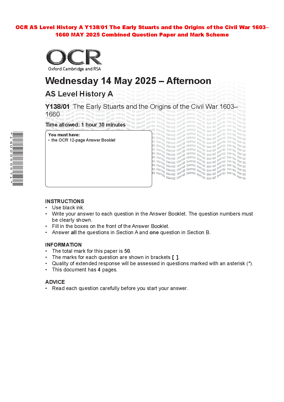 Recommended document preview for OCR AS Level History A Y138/01 The Early Stuarts and the Origins of the Civil War 1603–1660 MAY 2025 Combined Question Paper and Mark Scheme