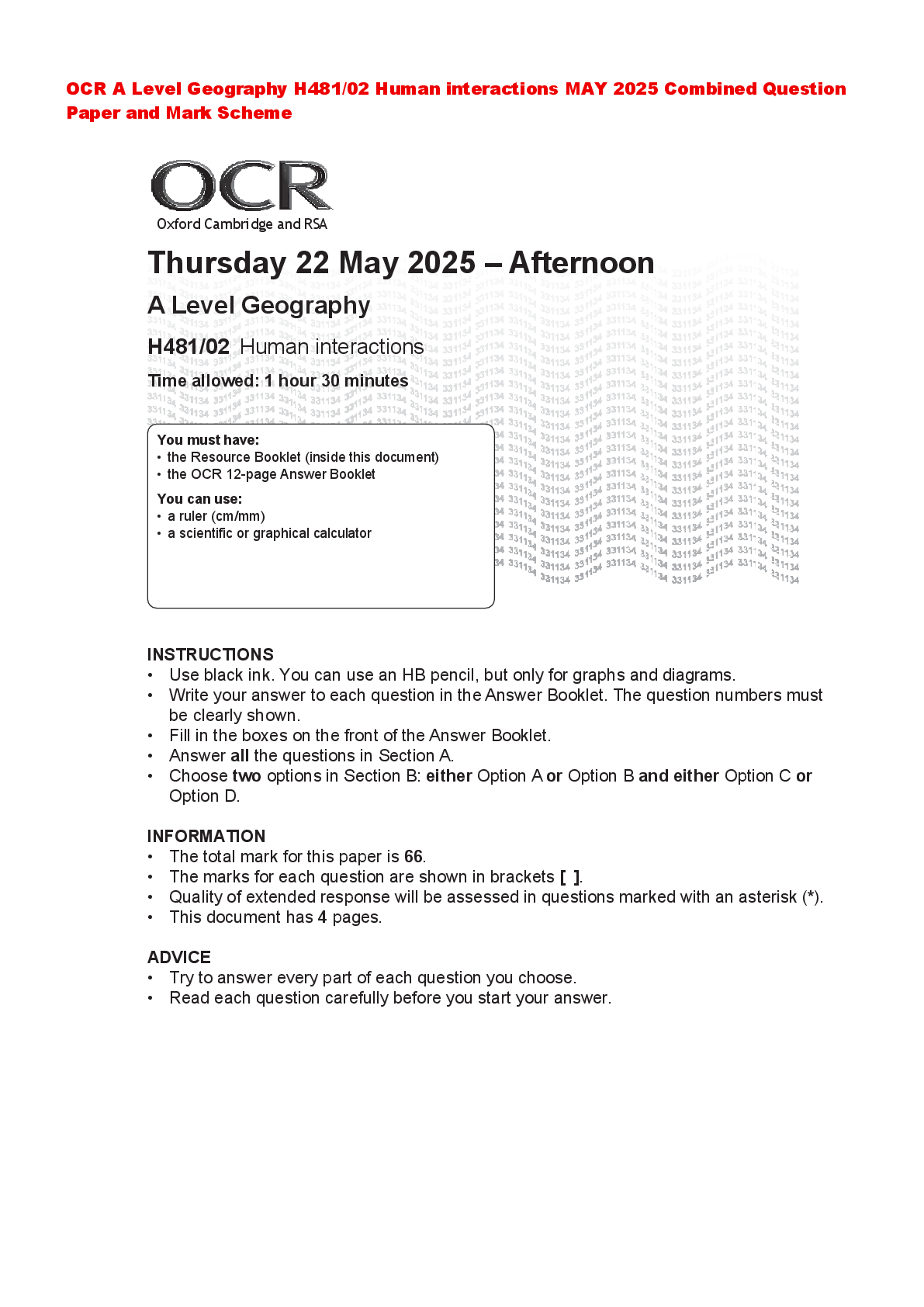Recommended document preview for OCR A Level Geography H481/02 Human interactions MAY 2025 Combined Question Paper and Mark Scheme