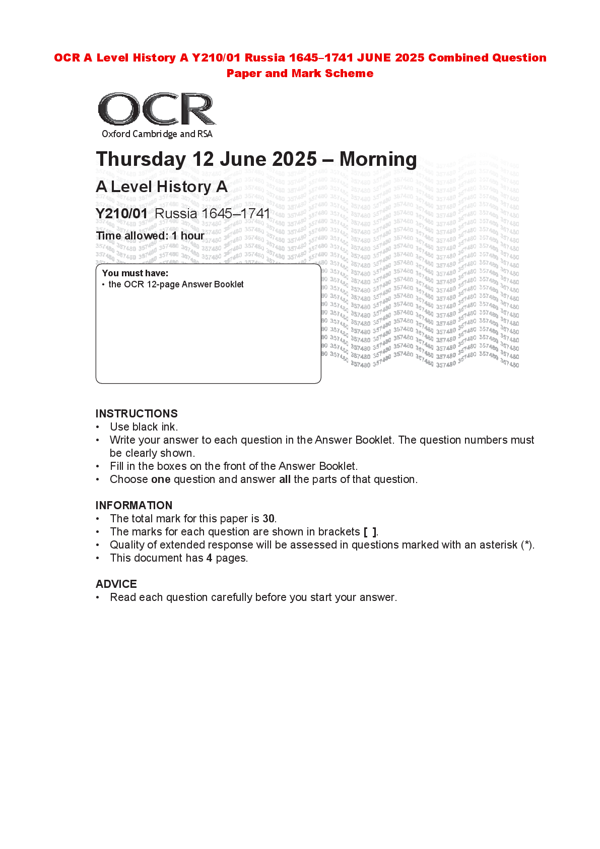 Preview of OCR A Level History A Y210/01 Russia 1645–1741 JUNE 2025 Combined Question Paper and Mark