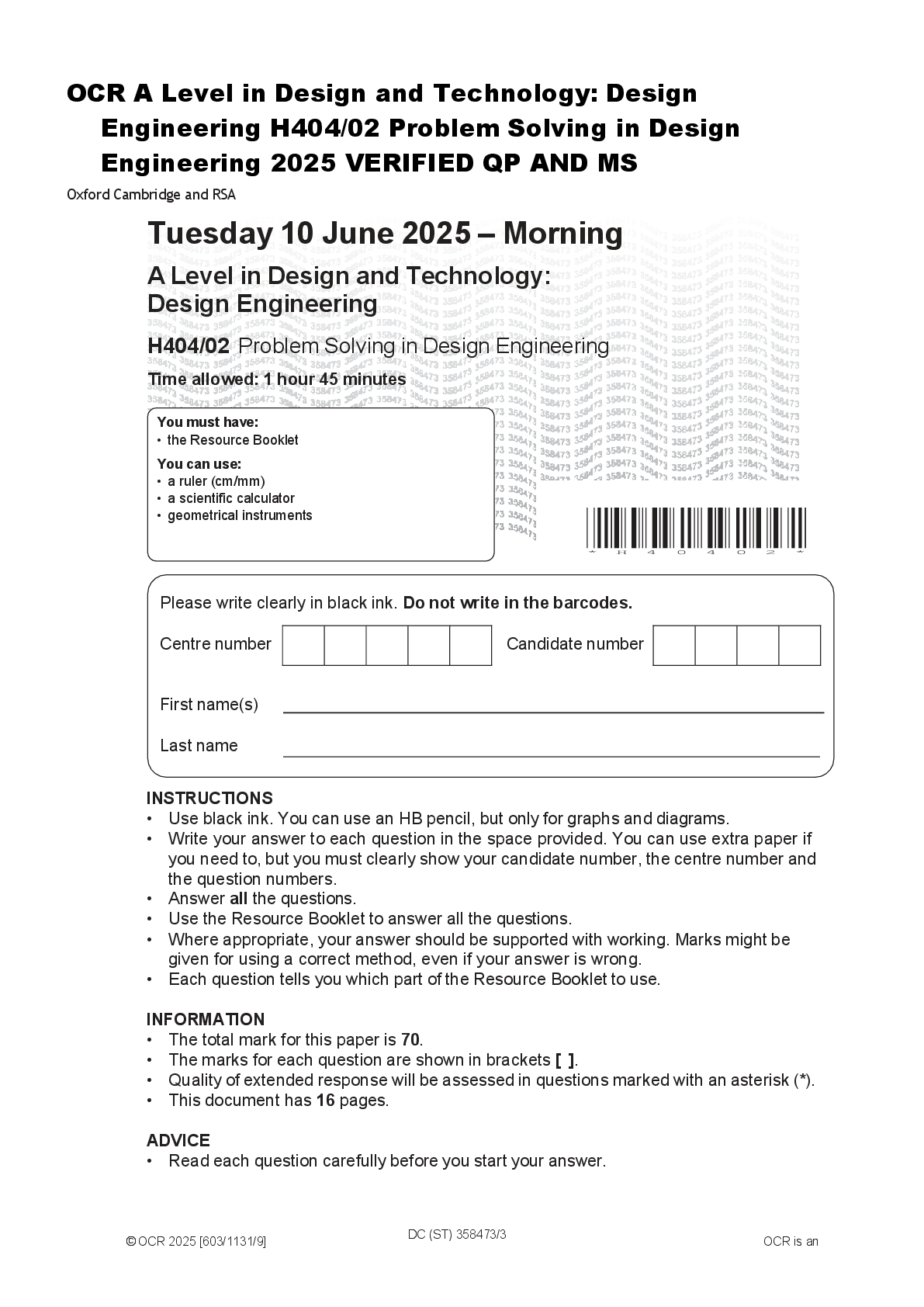 Recommended document preview for OCR A Level in Design and Technology: Design  Engineering H404/01 Principles of Design Engineering  2025 VERIFIED QP AND MS