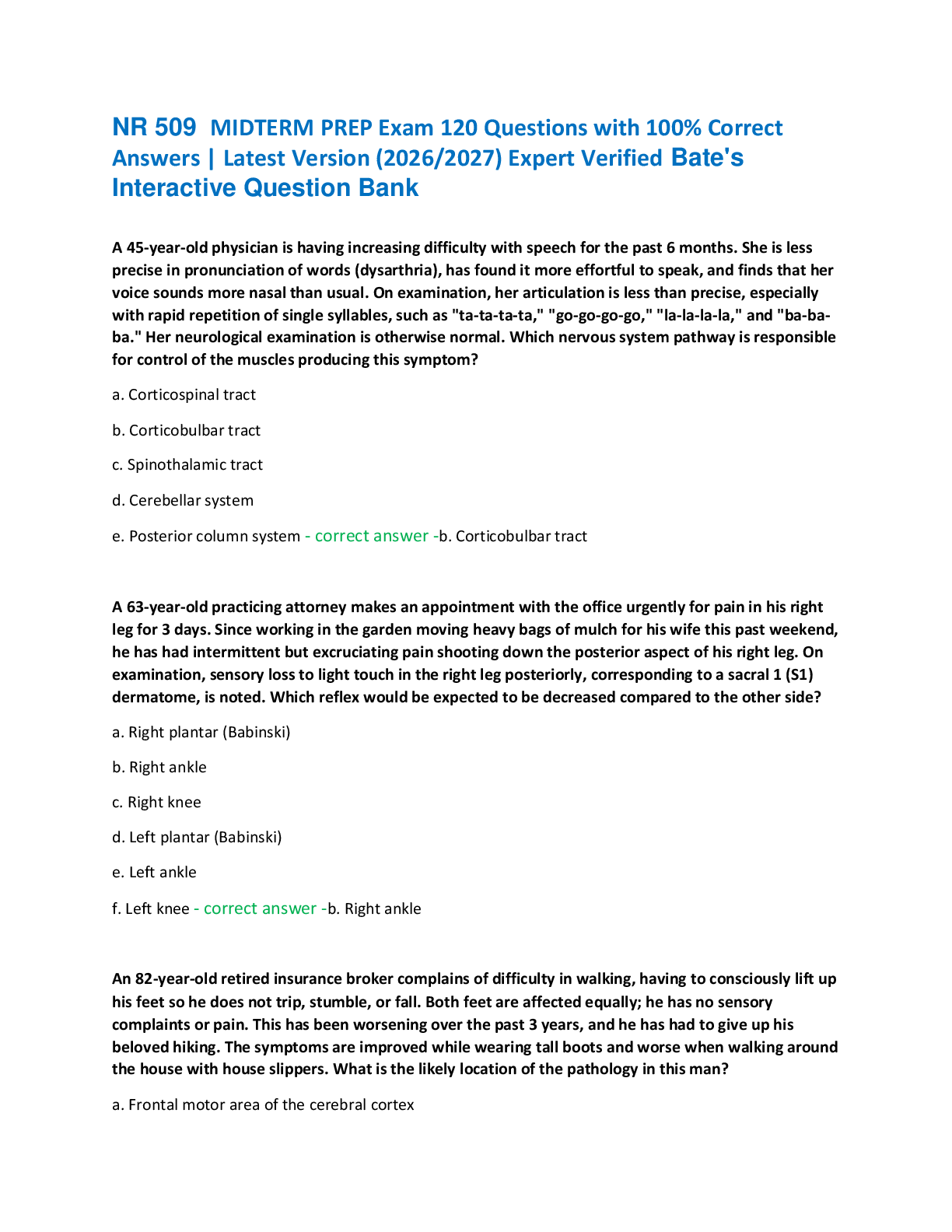 Recommended document preview for NR 509  MIDTERM PREP Exam 120 Questions with 100% Correct  Answers | Latest Version (2026/2027) Expert Verified Bate's  Interactive Question Bank