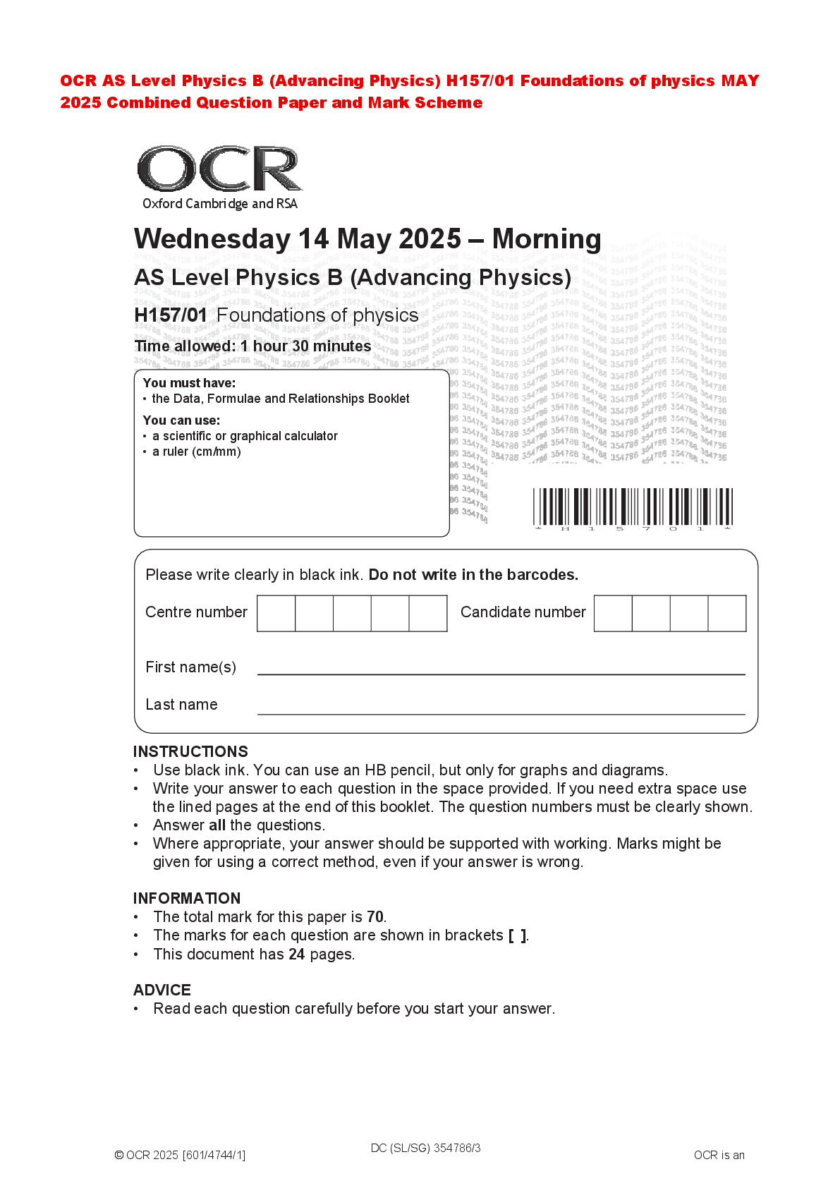 Recommended document preview for OCR AS Level Physics B (Advancing Physics) H157/01 Foundations of physics MAY 2025 Combined Question Paper and Mark Scheme