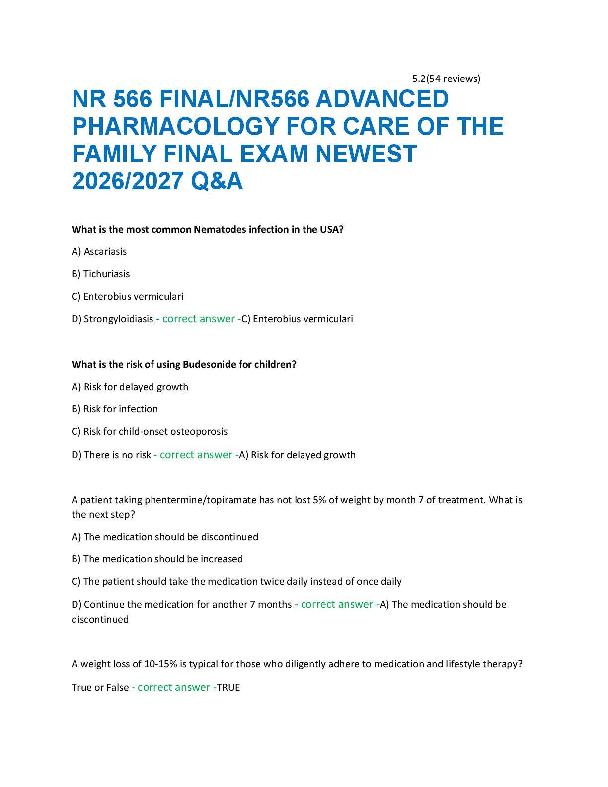 Recommended document preview for NR 566 FINAL/NR566 ADVANCED PHARMACOLOGY FOR CARE OF THE FAMILY FINAL EXAM NEWEST 2026/2027 Q&A