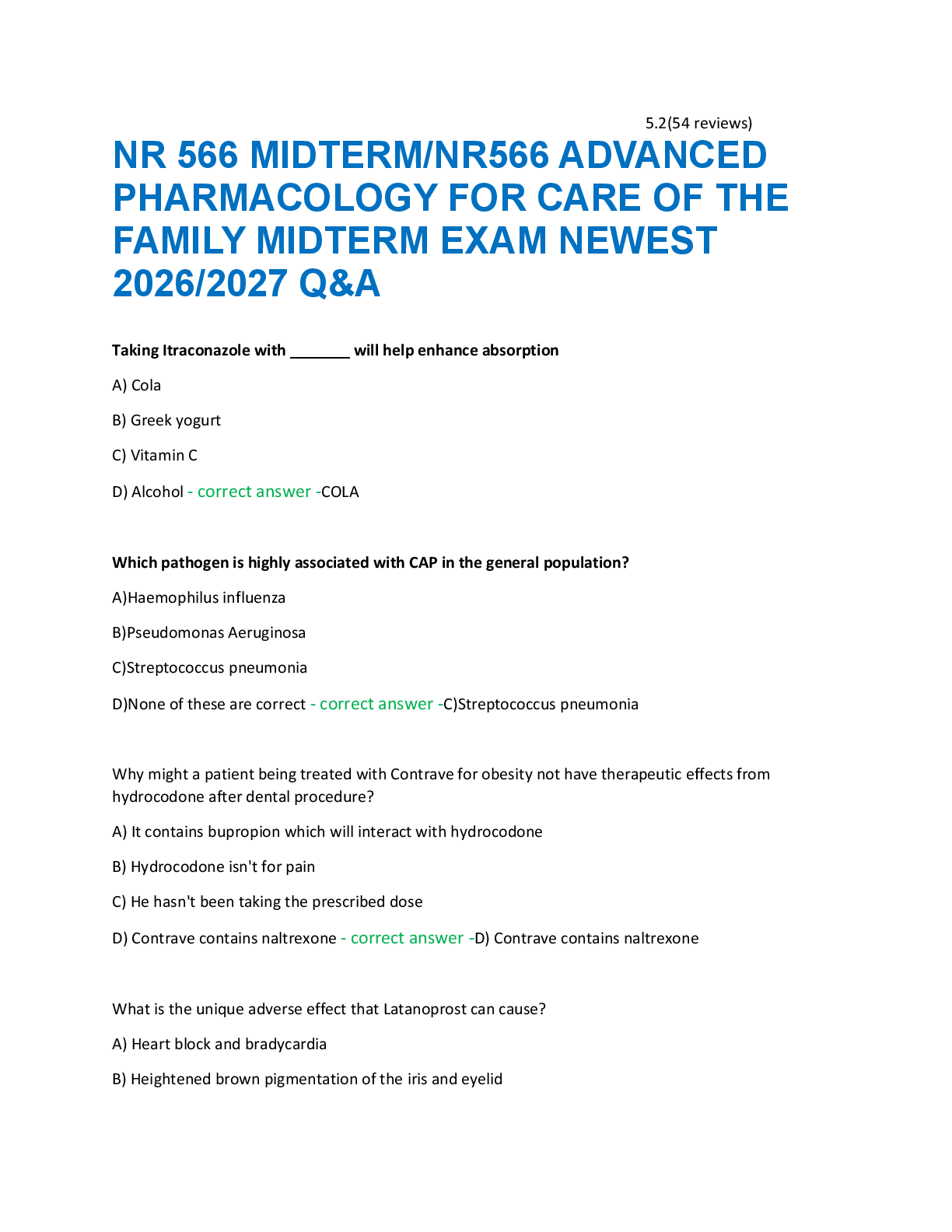 Recommended document preview for NR 566 MIDTERM/NR566 ADVANCED  PHARMACOLOGY FOR CARE OF THE  FAMILY MIDTERM EXAM NEWEST  2026/2027 Q&A