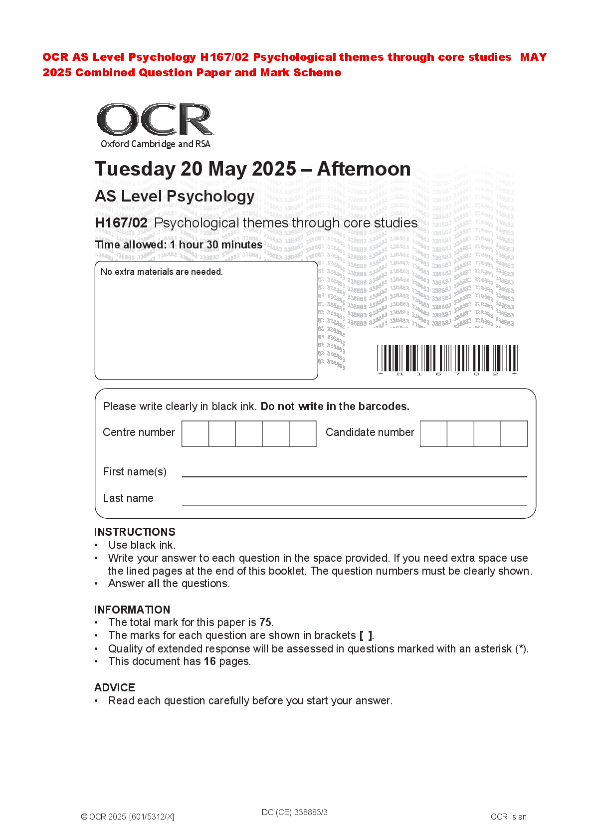 Preview image for OCR AS Level Psychology H167/02 Psychological themes through core studies MAY 2025 Combined Question Paper and Mark Scheme