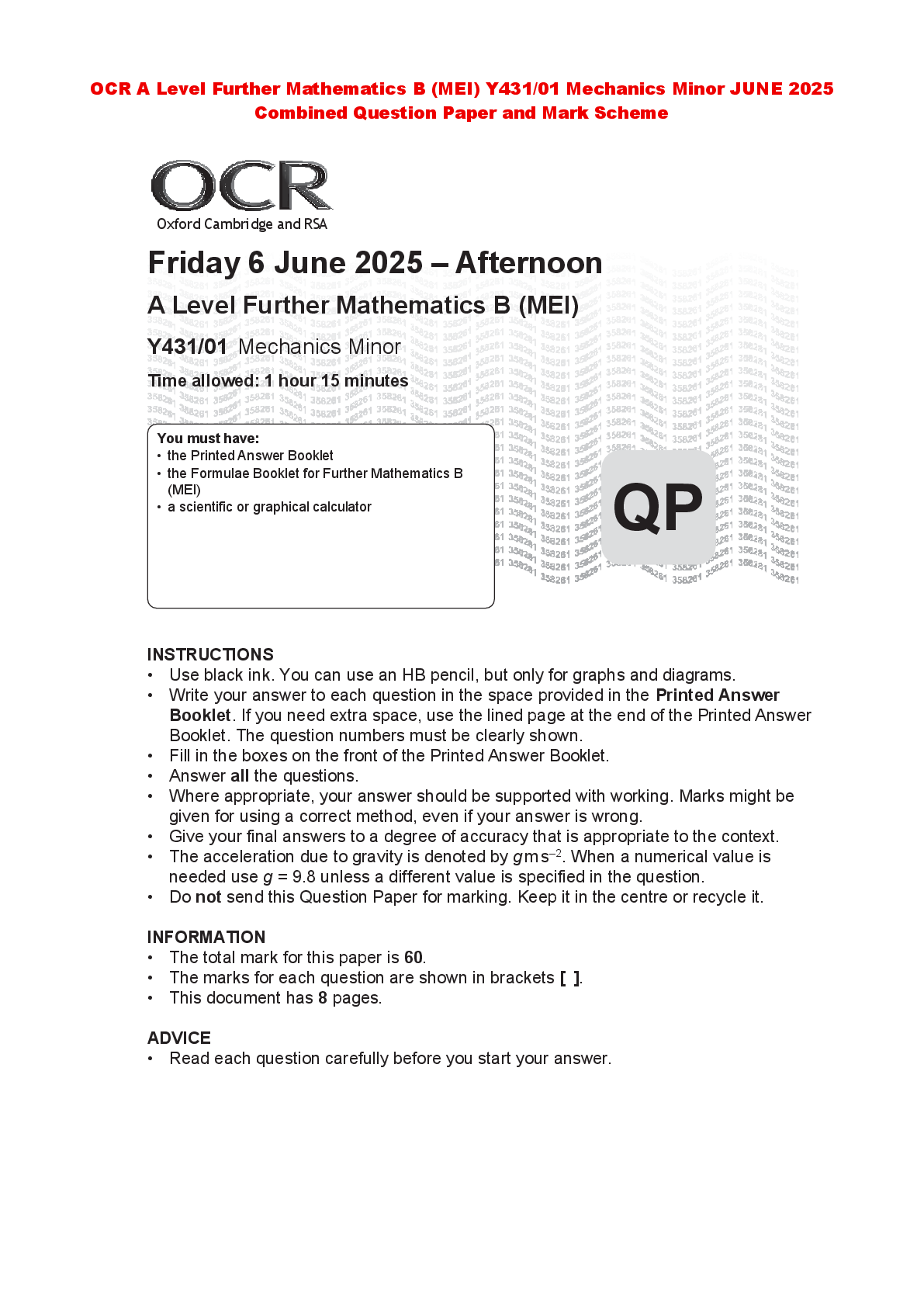 Preview of OCR A Level Further Mathematics B (MEI) Y431/01 Mechanics Minor JUNE 2025 Combined Questio