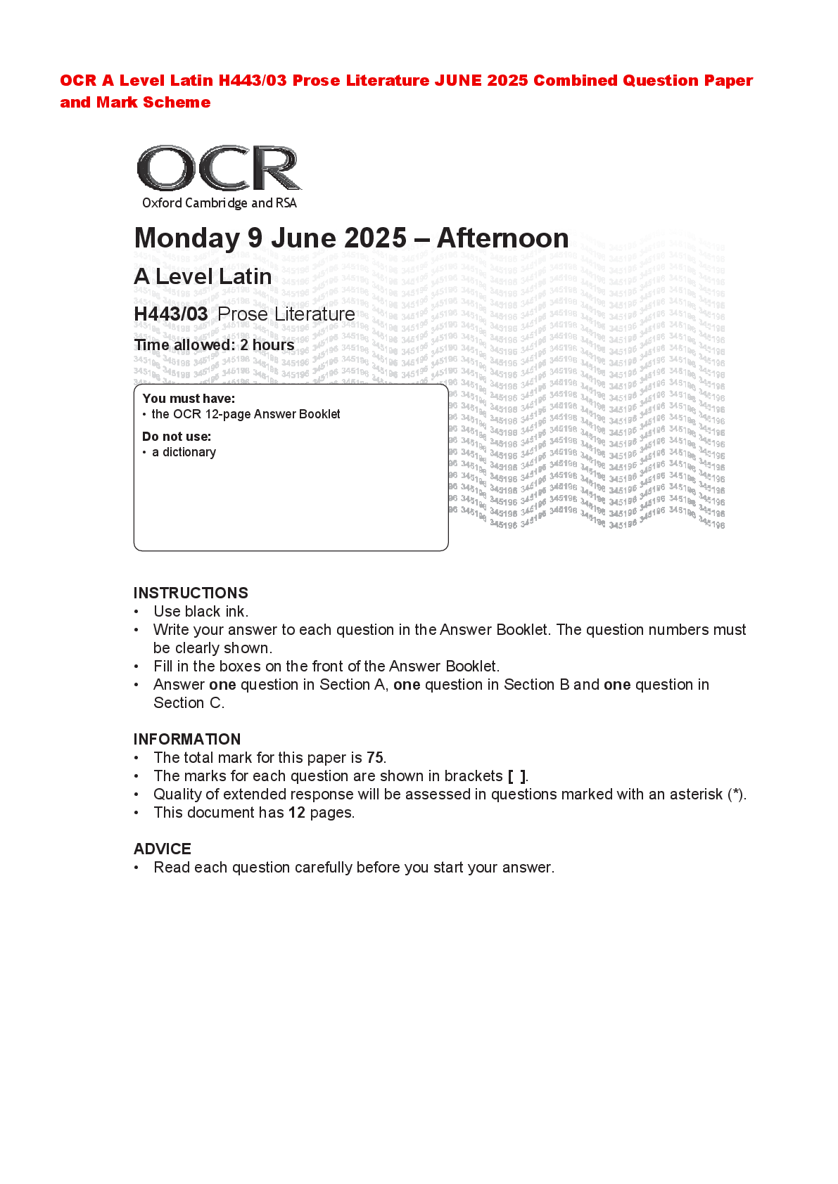 Recommended document preview for OCR A Level Media Studies H409/01 Media messages MAY 2025 Combined Question Paper and Mark Scheme