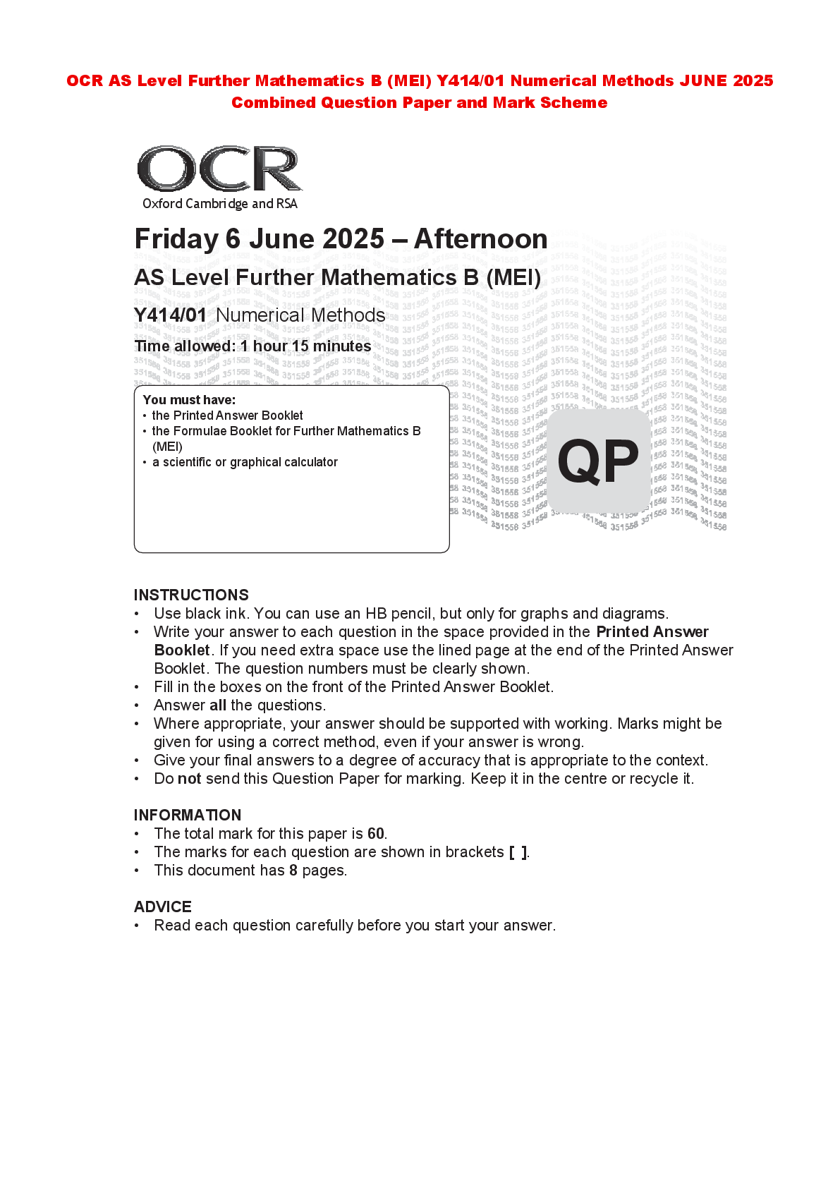 Preview of OCR AS Level Further Mathematics B (MEI) Y414/01 Numerical Methods JUNE 2025 Combined Ques