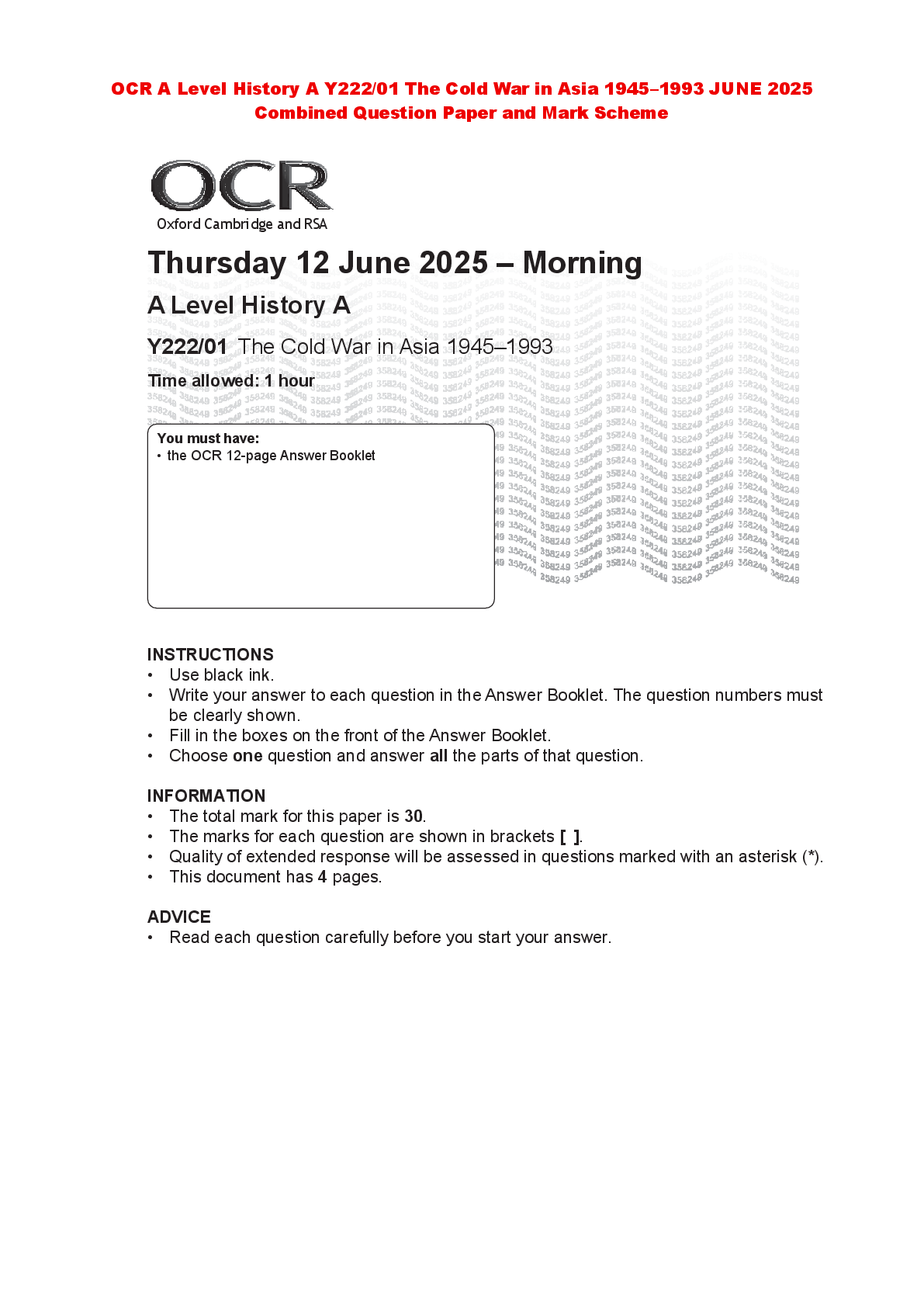 Preview of OCR A Level History A Y222/01 The Cold War in Asia 1945–1993 JUNE 2025 Combined Question P