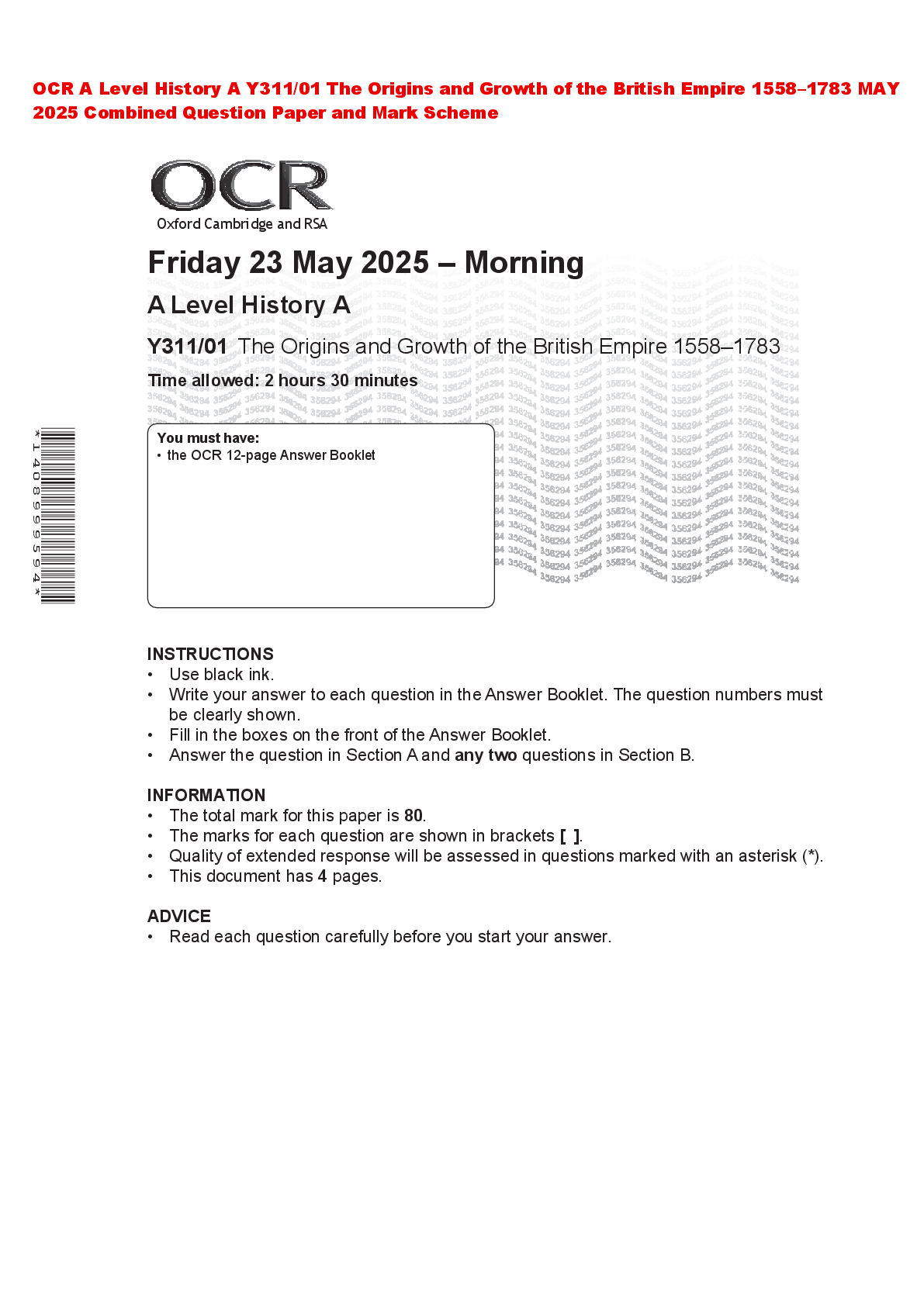 Recommended document preview for OCR A Level History A Y311/01 The Origins and Growth of the British Empire 1558–1783 MAY 2025 Combined Question Paper and Mark Scheme