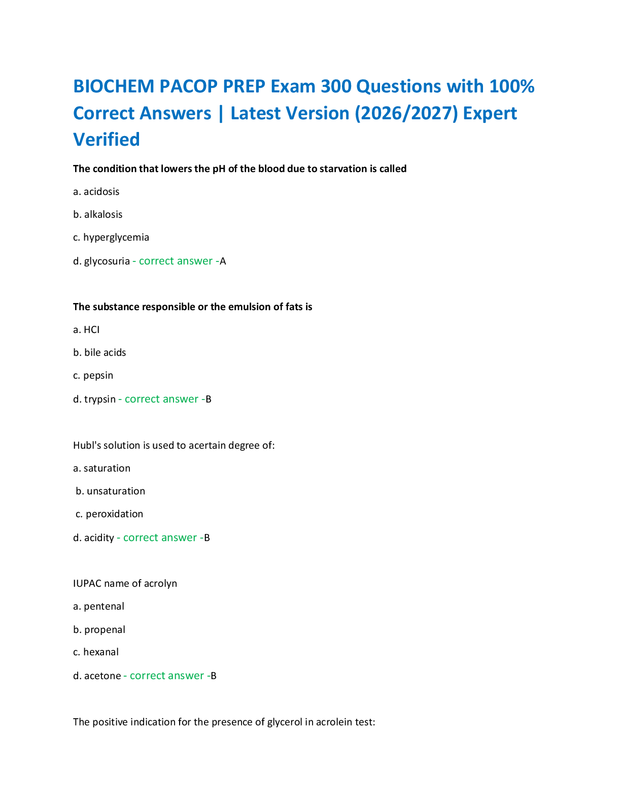 Recommended document preview for BIOCHEM PACOP PREP Exam 300 Questions with 100%  Correct Answers | Latest Version (2026/2027) Expert  Verified