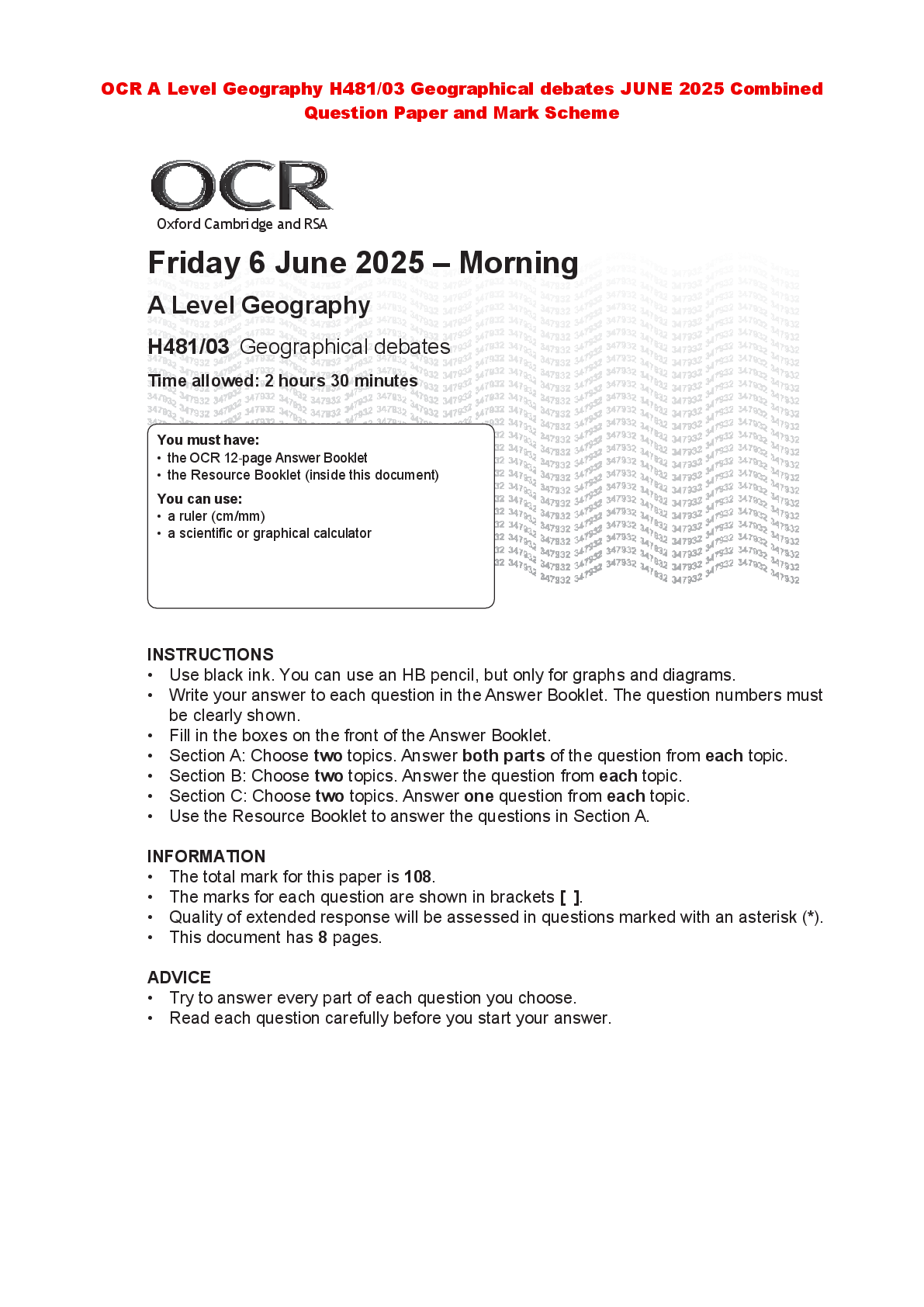 Recommended document preview for OCR A Level Geography H481/03 Geographical debates JUNE 2025 Combined Question Paper and Mark Scheme