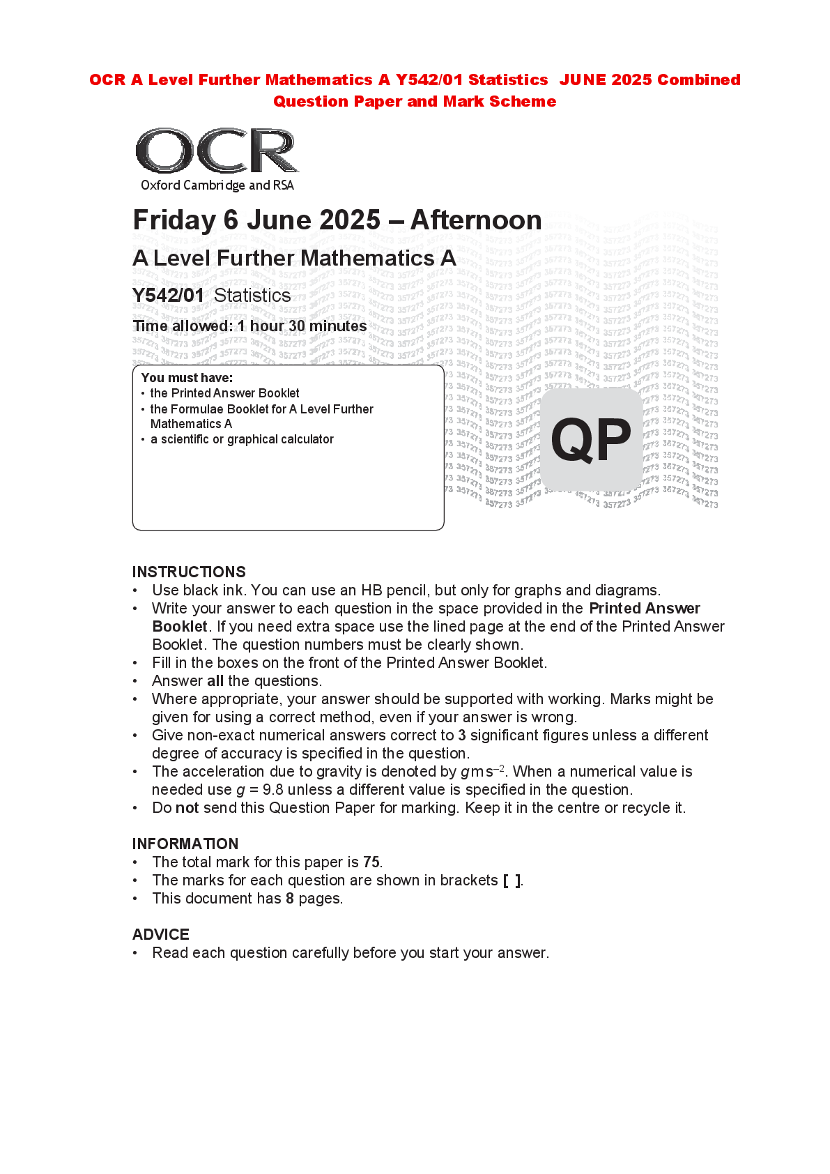 Recommended document preview for OCR AS Level Further Mathematics B (MEI) Y411/01 Mechanics a MAY 2025 Combined Question Paper and Mark Scheme