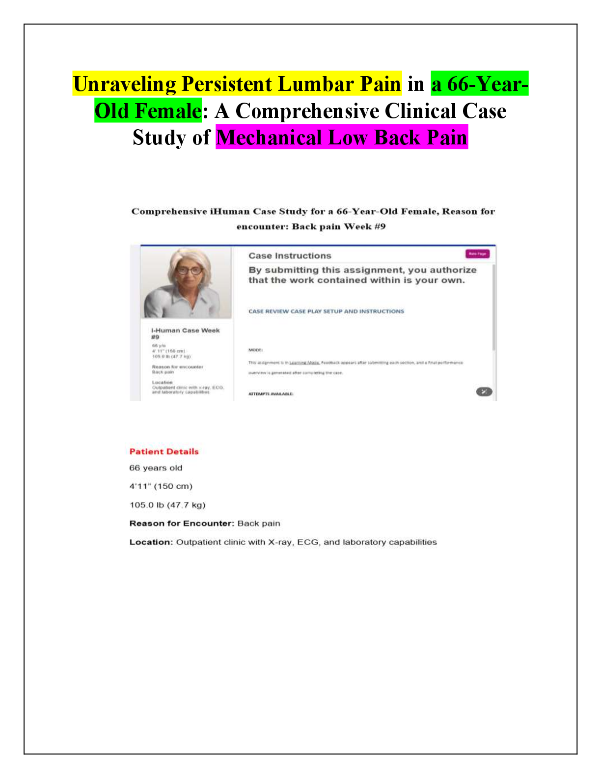 Preview of Unraveling Persistent Lumbar Pain in a 66-Year-Old Female: A Comprehensive Clinical Case Study of Mechanical Low Back Pain