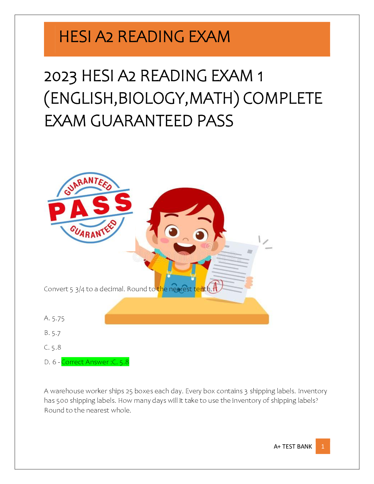 Preview of 2023 HESI A2 READING EXAM 1  (ENGLISH,BIOLOGY,MATH) COMPLETE  EXAM GUARANTEED PASS