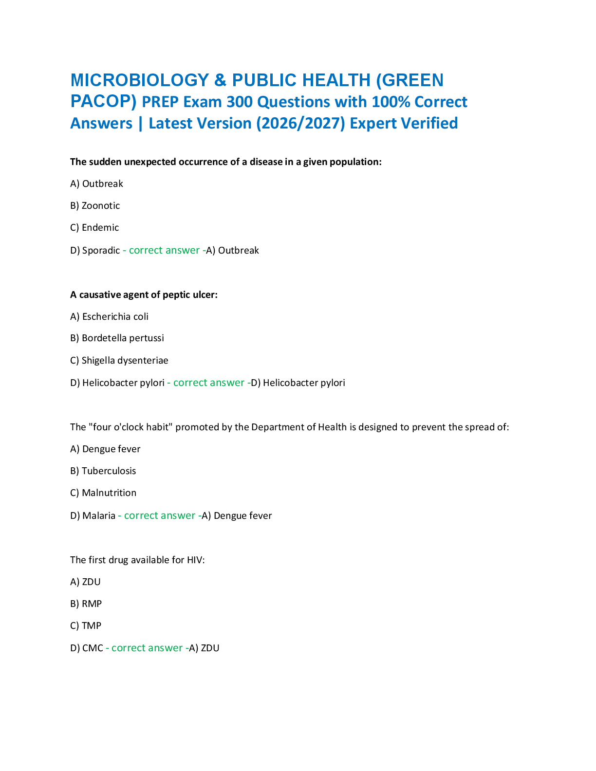 Recommended document preview for MICROBIOLOGY & PUBLIC HEALTH (GREEN  PACOP) PREP Exam 300 Questions with 100% Correct  Answers | Latest Version (2026/2027) Expert Verified