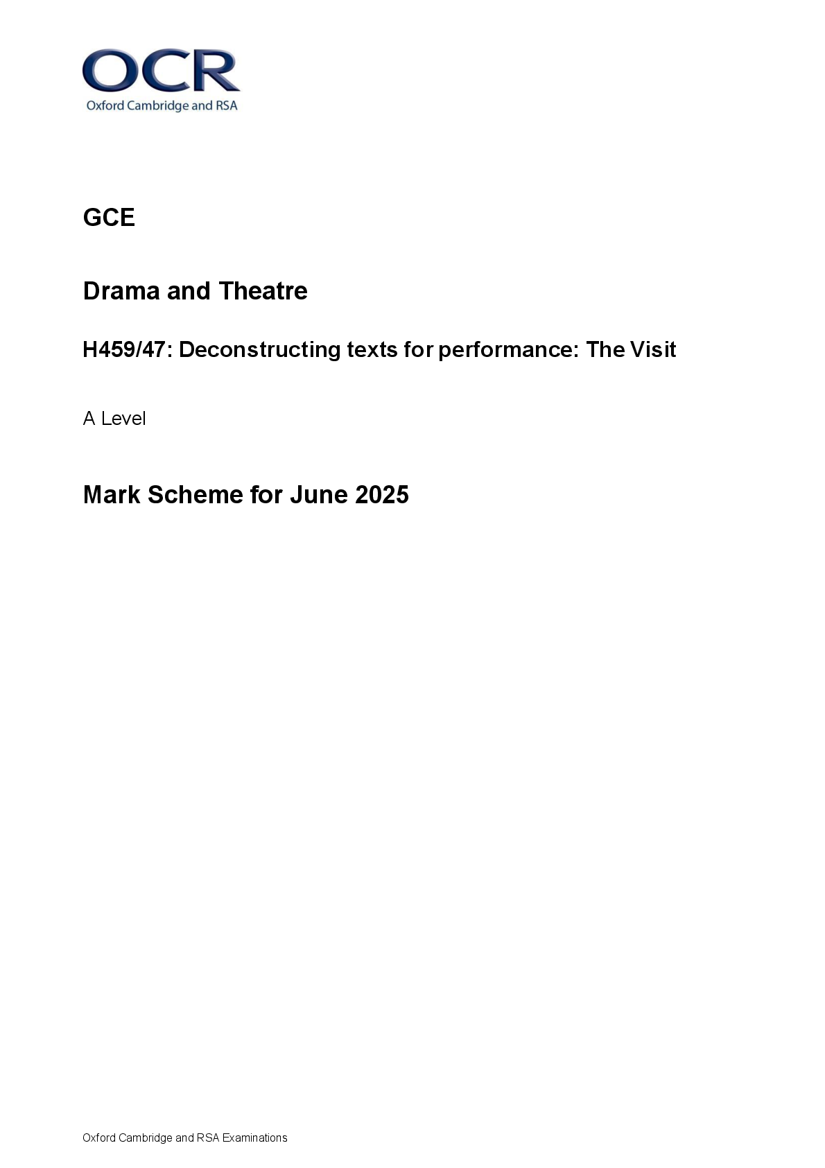 Recommended document preview for GCE Drama and Theatre H459/47: Deconstructing texts for performance: The Visit A Level Mark Scheme for June 2025