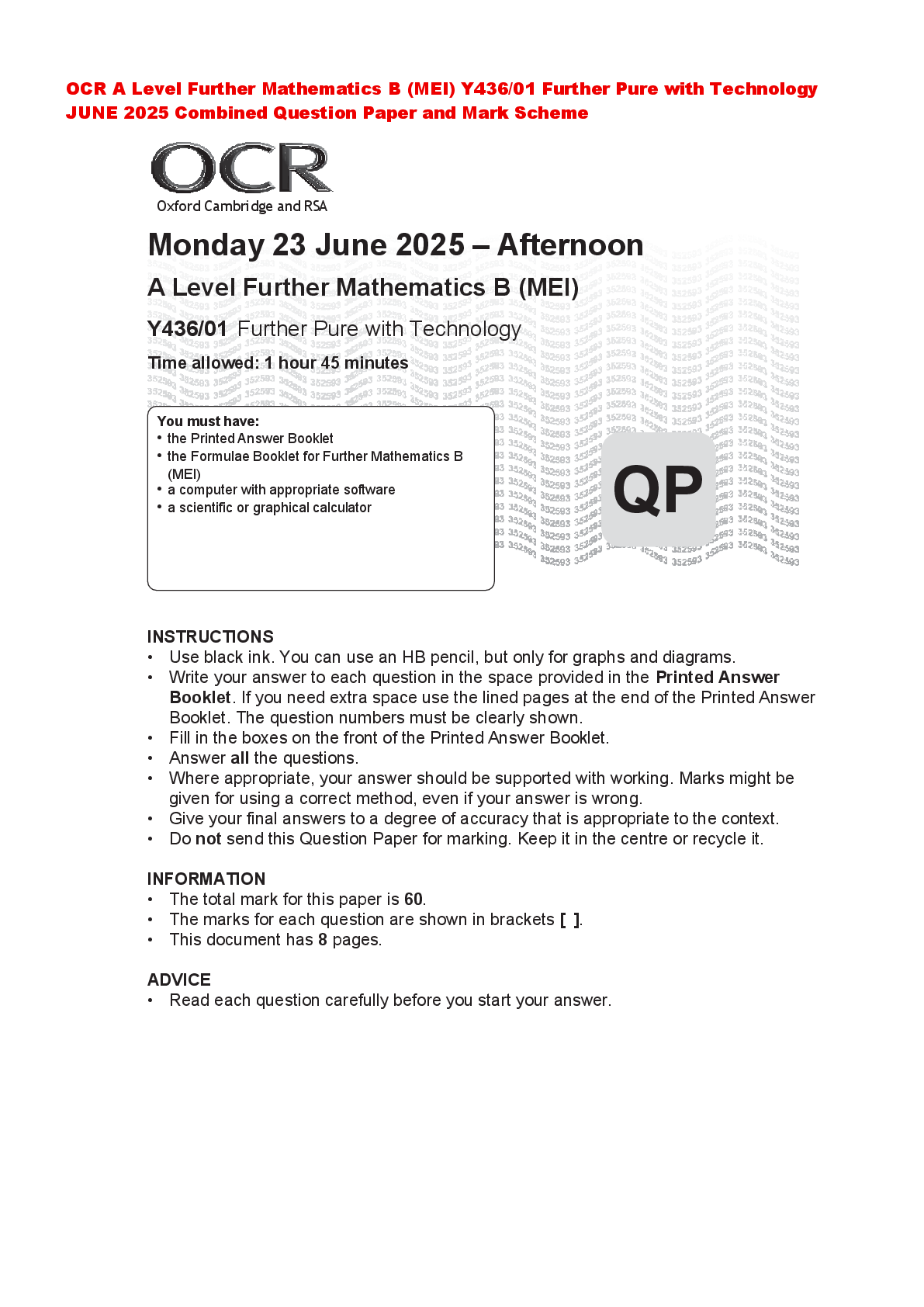 Preview of OCR A Level Further Mathematics B (MEI) Y436/01 Further Pure with Technology JUNE 2025 Com