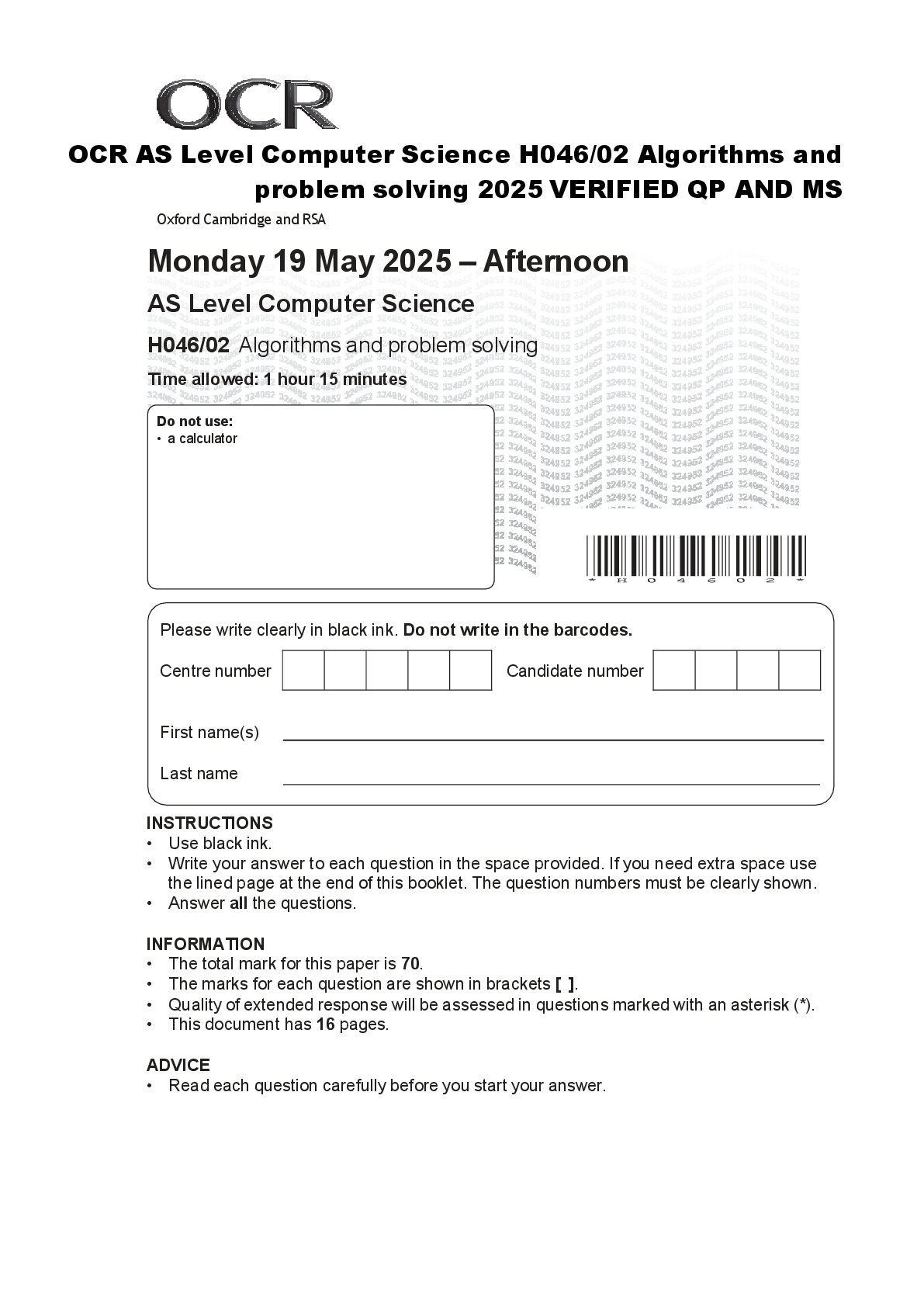 Preview of OCR AS Level Computer Science H046/02 Algorithms and  problem solving 2025 VERIFIED QP AND