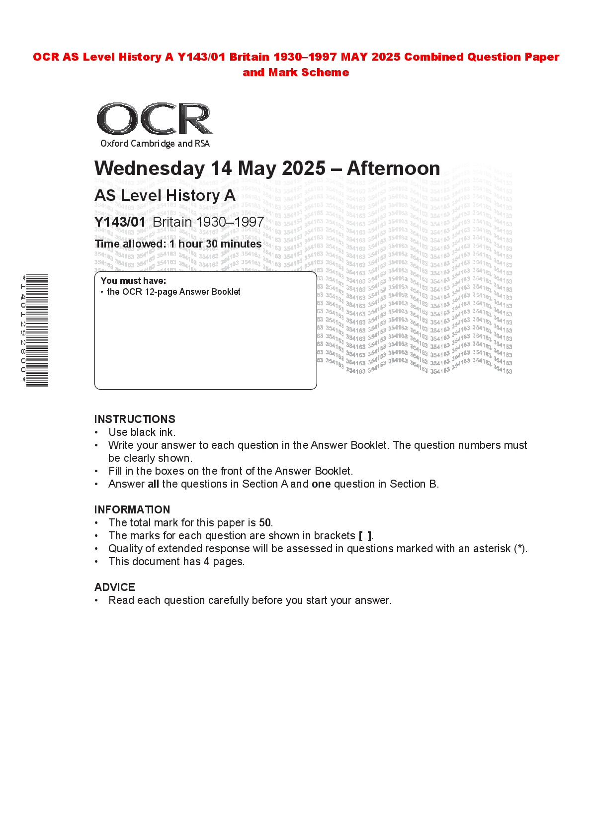 Preview of OCR AS Level History A Y143/01 Britain 1930–1997 MAY 2025 Combined Question Paper and Mark