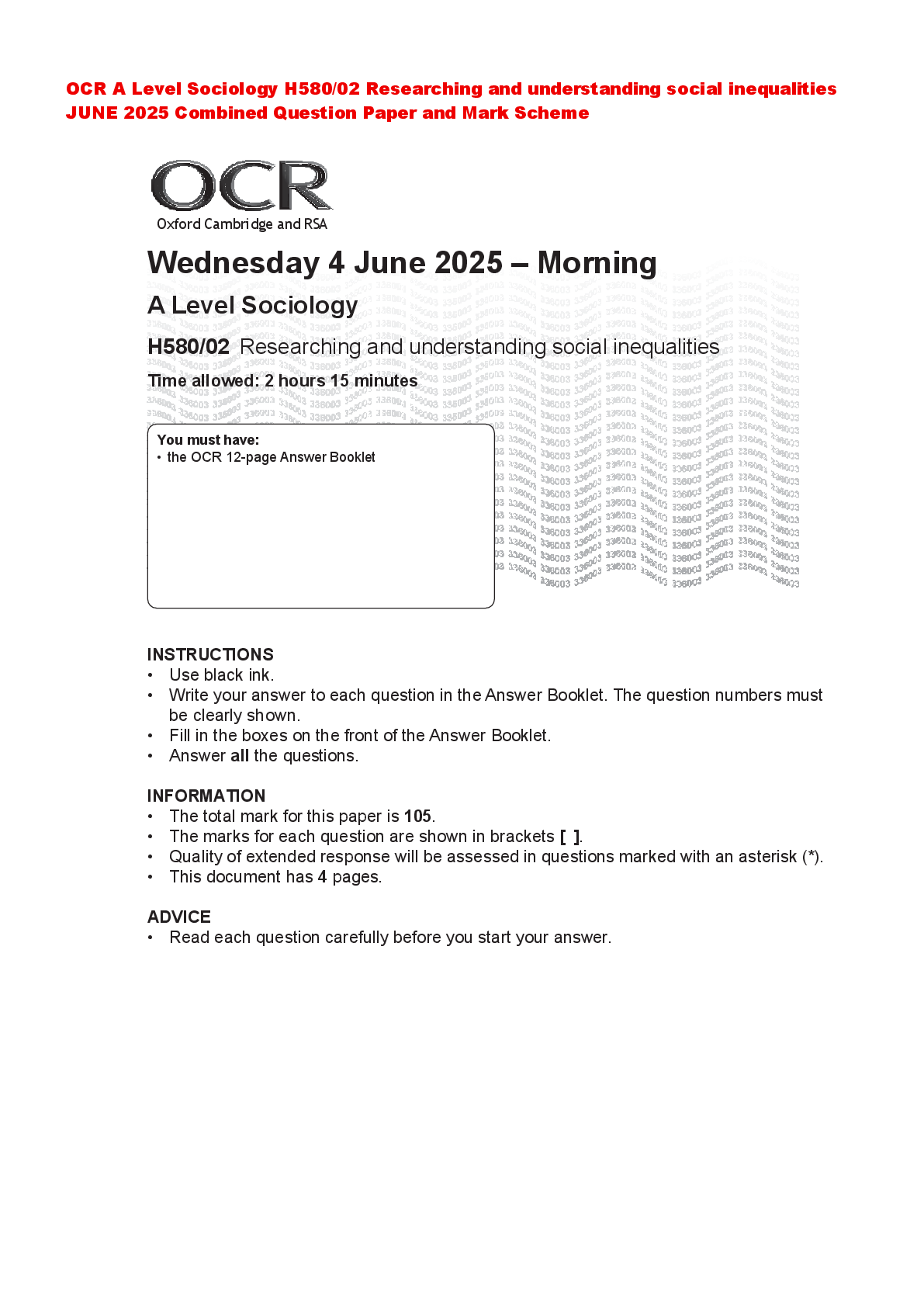 Recommended document preview for OCR A Level Sociology H580/02 Researching and understanding social inequalities JUNE 2025 Combined Question Paper and Mark Scheme