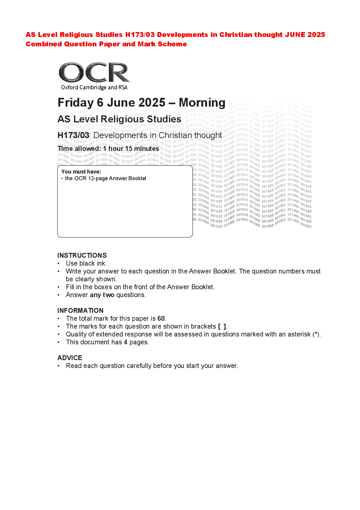 Recommended document preview for AS Level Religious Studies H173/03 Developments in Christian thought JUNE 2025 Combined Question Paper and Mark Scheme