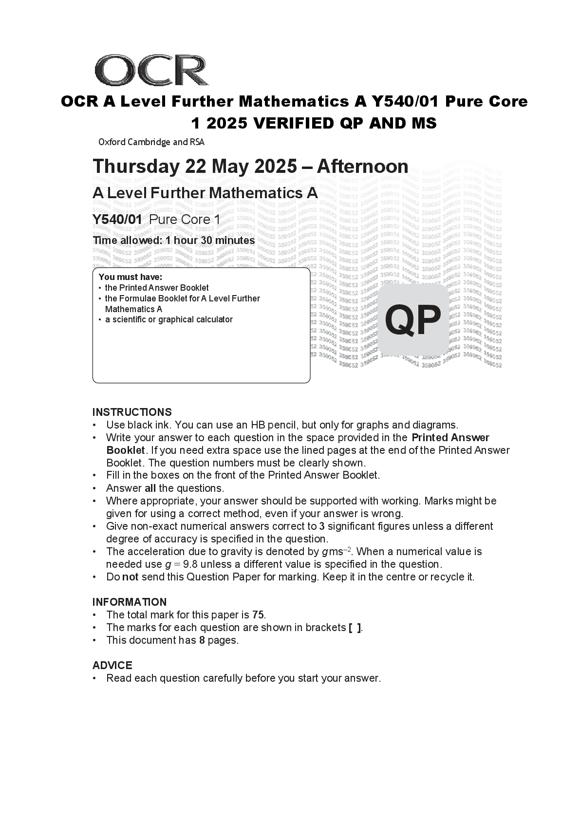 Preview of OCR A Level Further Mathematics A Y540/01 Pure Core  1 2025 VERIFIED QP AND MS
