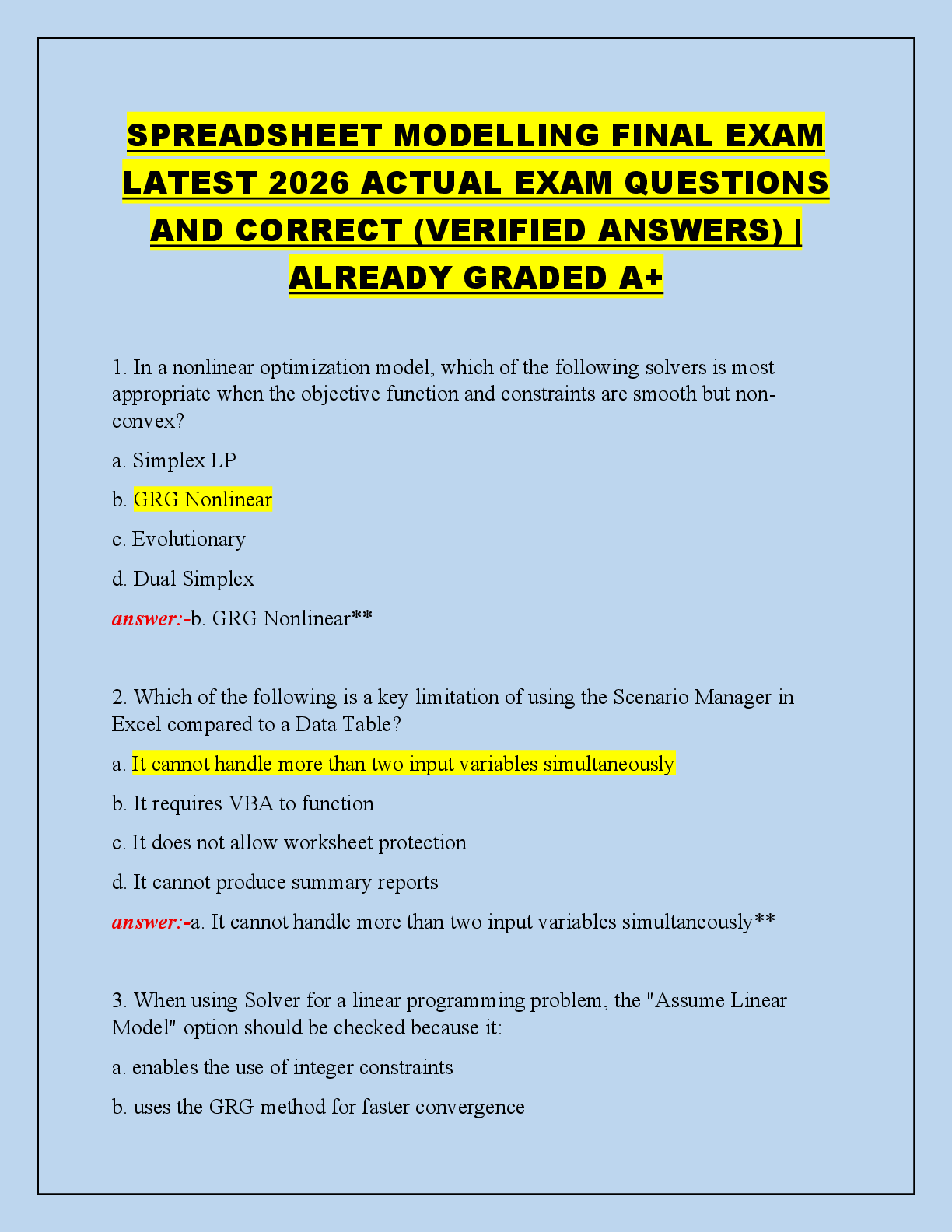 Preview of SPREADSHEET MODELLING FINAL EXAM  LATEST 2026 ACTUAL EXAM QUESTIONS  AND CORRECT (VERIFIED ANSWERS) |  ALREADY GRADED A+