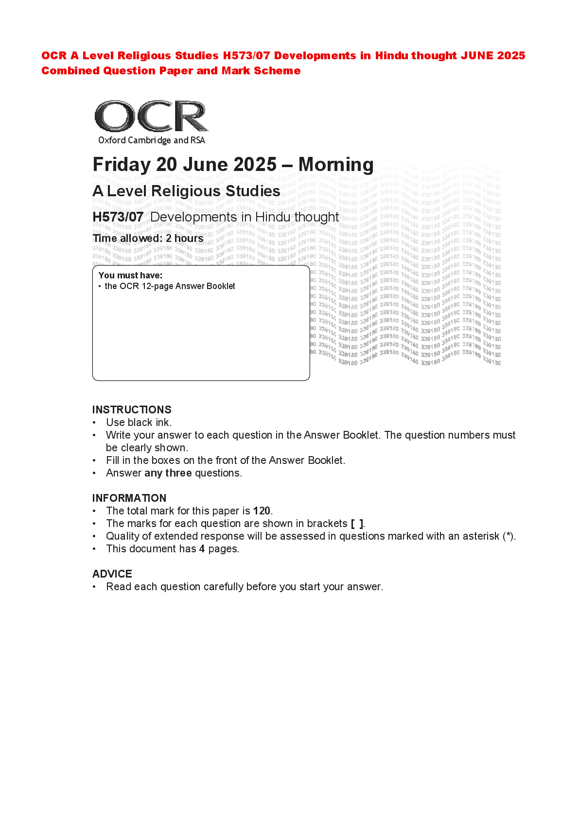 Recommended document preview for OCR A Level Religious Studies H573/07 Developments in Hindu thought JUNE 2025 Combined Question Paper and Mark Scheme