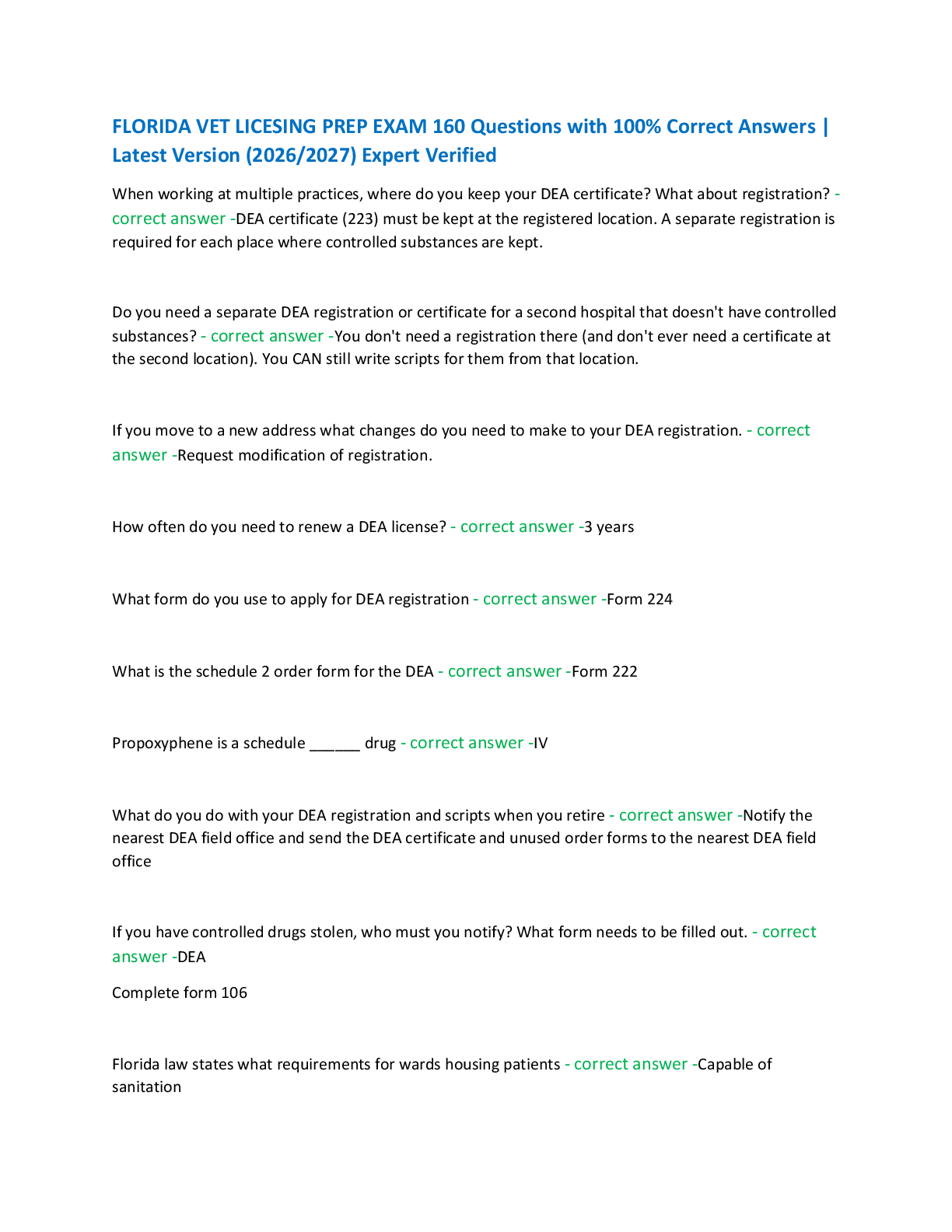 Recommended document preview for FLORIDA VET LICESING PREP EXAM 160 Questions with 100% Correct Answers |  Latest Version (2026/2027) Expert Verified