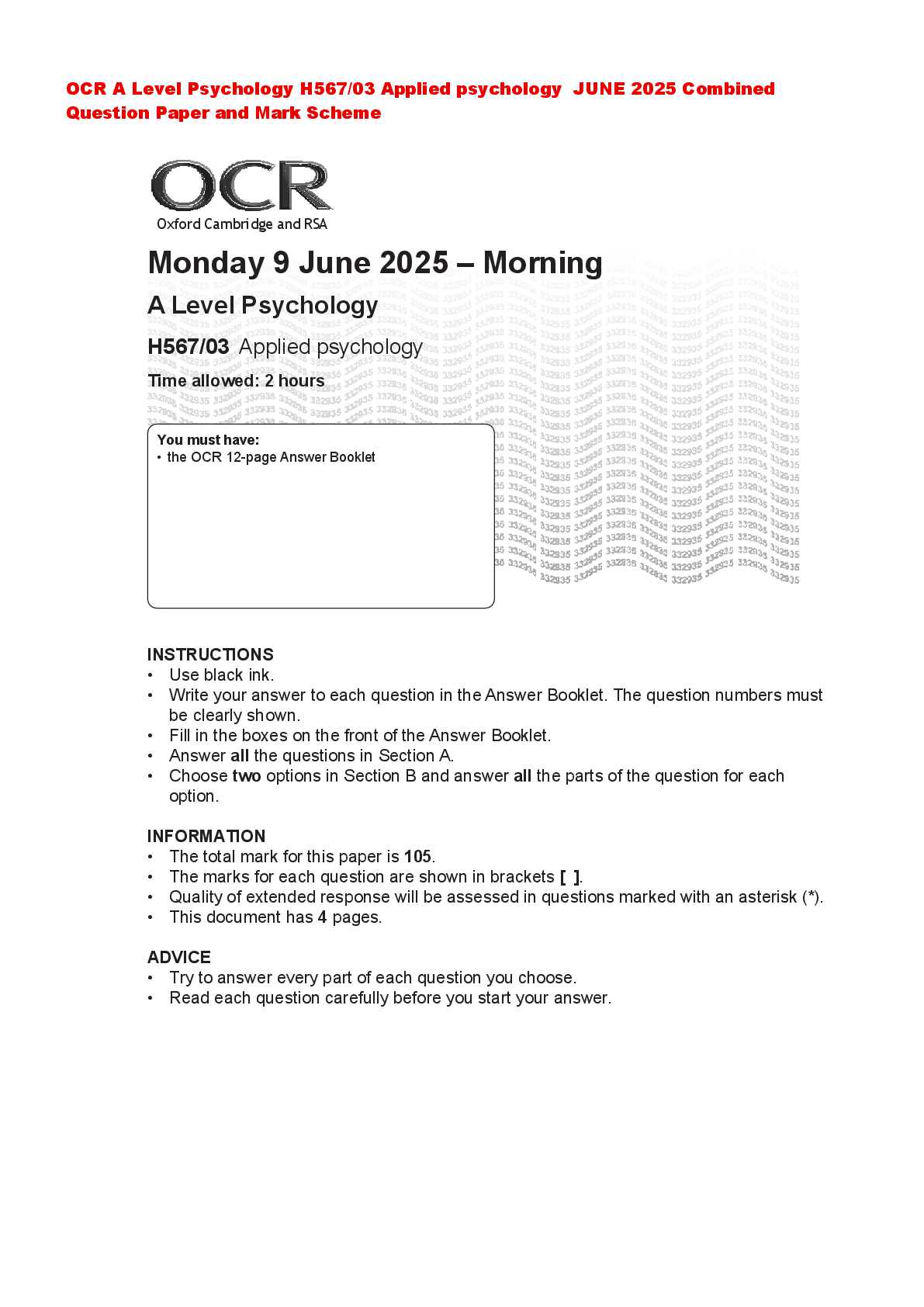 Preview of OCR A Level Psychology H567/03 Applied psychology JUNE 2025 Combined Question Paper and Ma