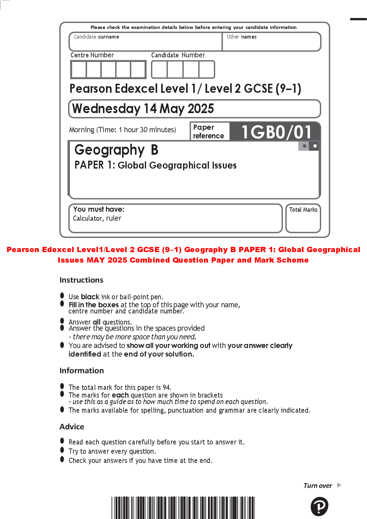 Recommended document preview for Pearson Edexcel Level1/Level 2 GCSE (9–1) Geography B PAPER 2: UK Geographical Issues JUNE 2025 Combined Question Paper and Mark Scheme