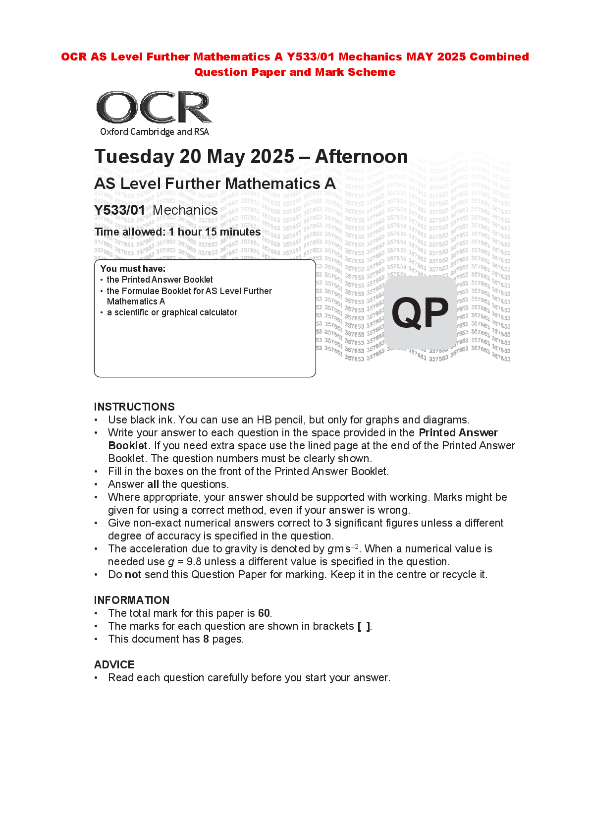 Recommended document preview for OCR AS Level Further Mathematics A Y533/01 Mechanics MAY 2025 Combined Question Paper and Mark Scheme