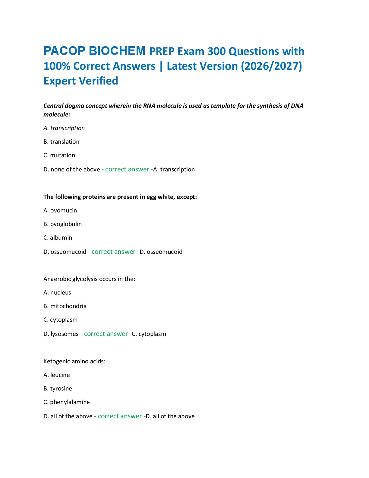 Recommended document preview for PACOP BIOCHEM PREP Exam 300 Questions with  100% Correct Answers | Latest Version (2026/2027)  Expert Verified