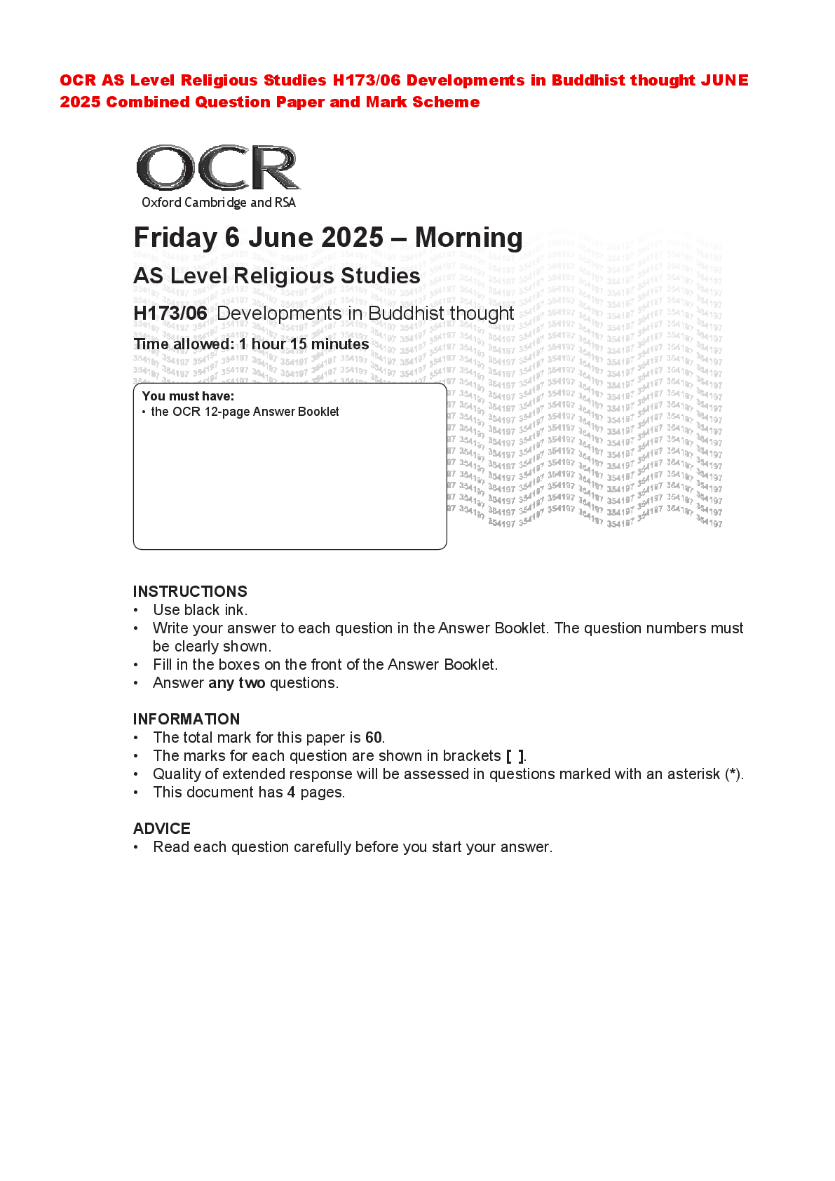 Recommended document preview for OCR AS Level Religious Studies H173/06 Developments in Buddhist thought JUNE 2025 Combined Question Paper and Mark Scheme