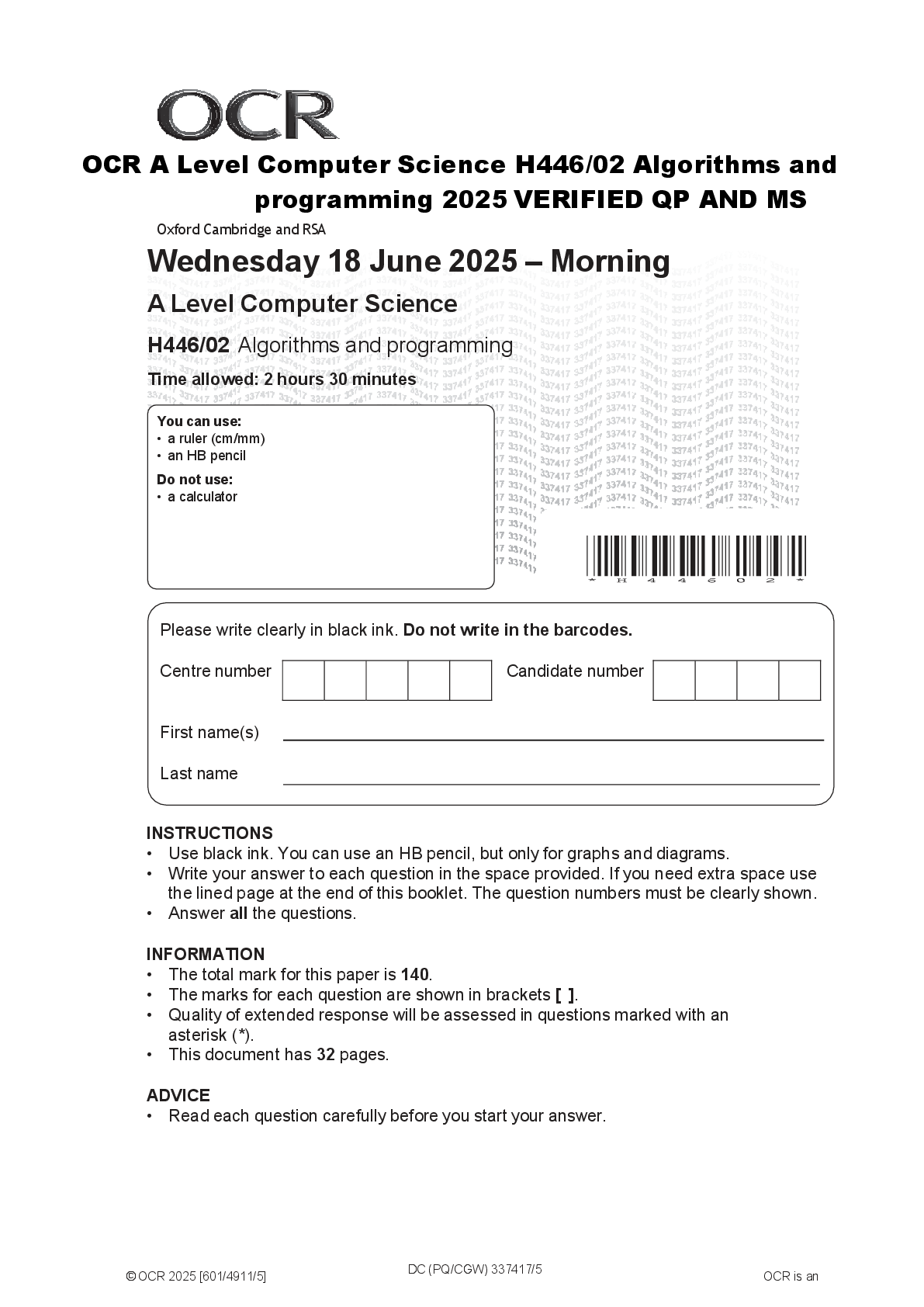 Preview of OCR A Level Computer Science H446/02 Algorithms and  programming 2025 VERIFIED QP AND MS